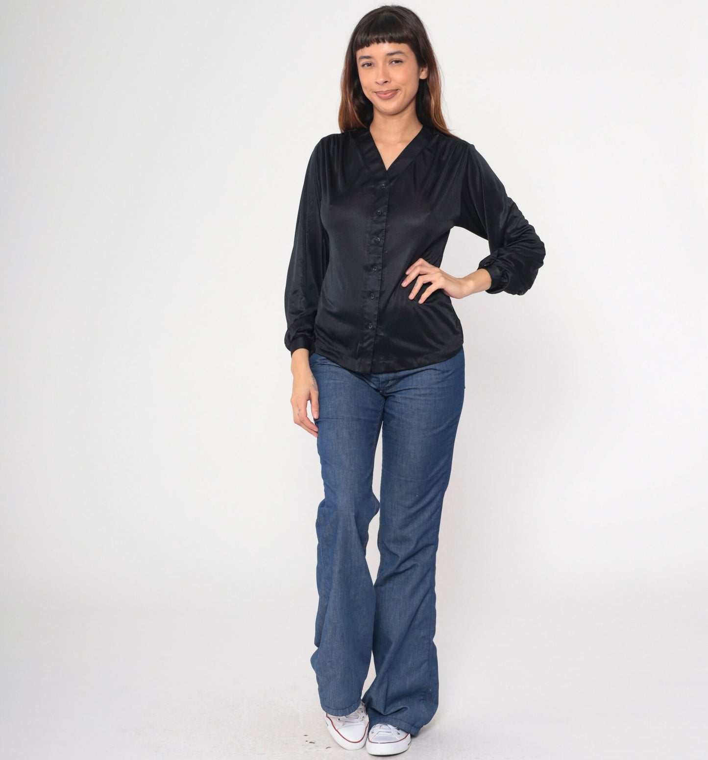 70s Black Polyester Button-Up Blouse V-Neck Long Sleeve Small S