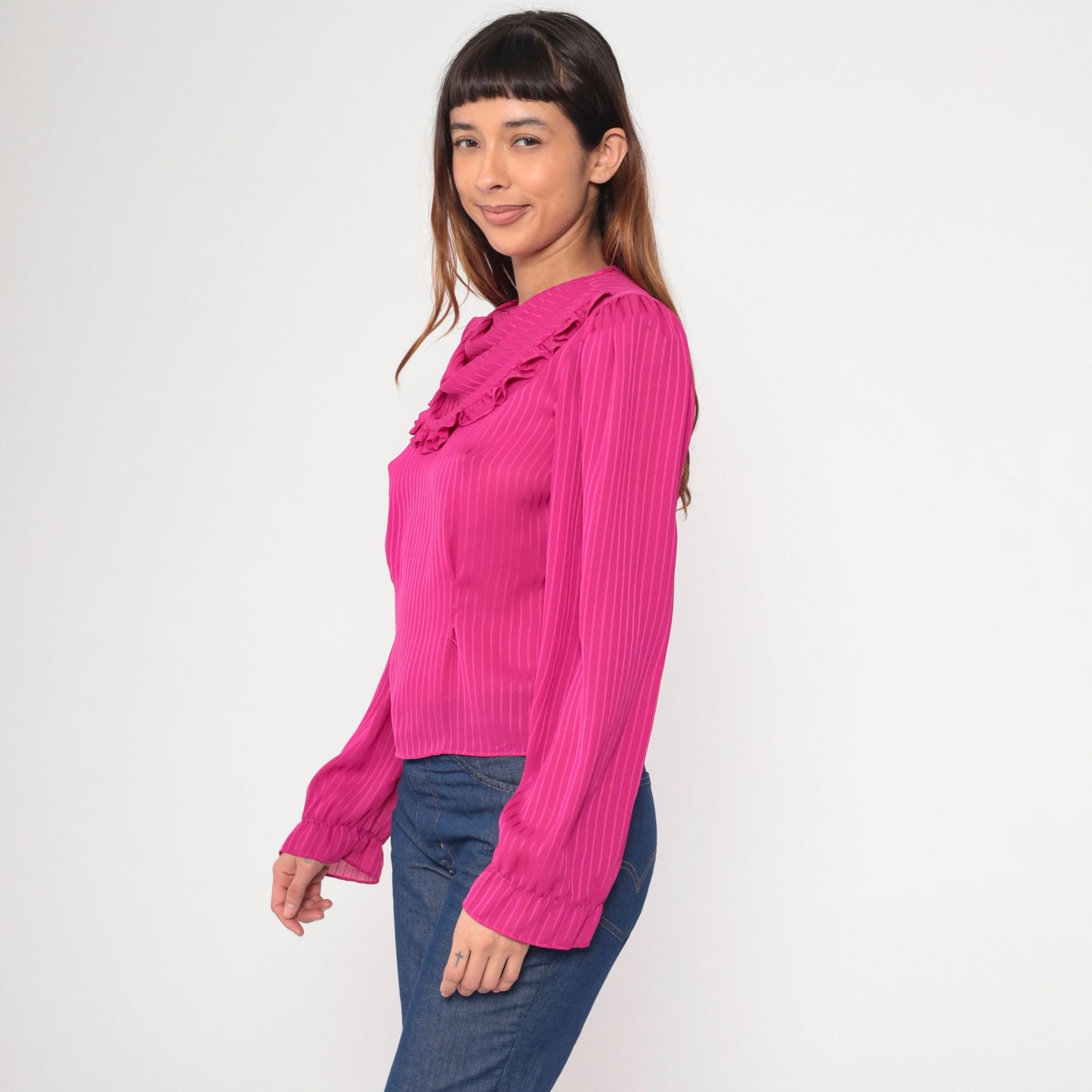 80s Fuchsia Cowl Neck Blouse Striped Puff Sleeve Keyhole Back Small