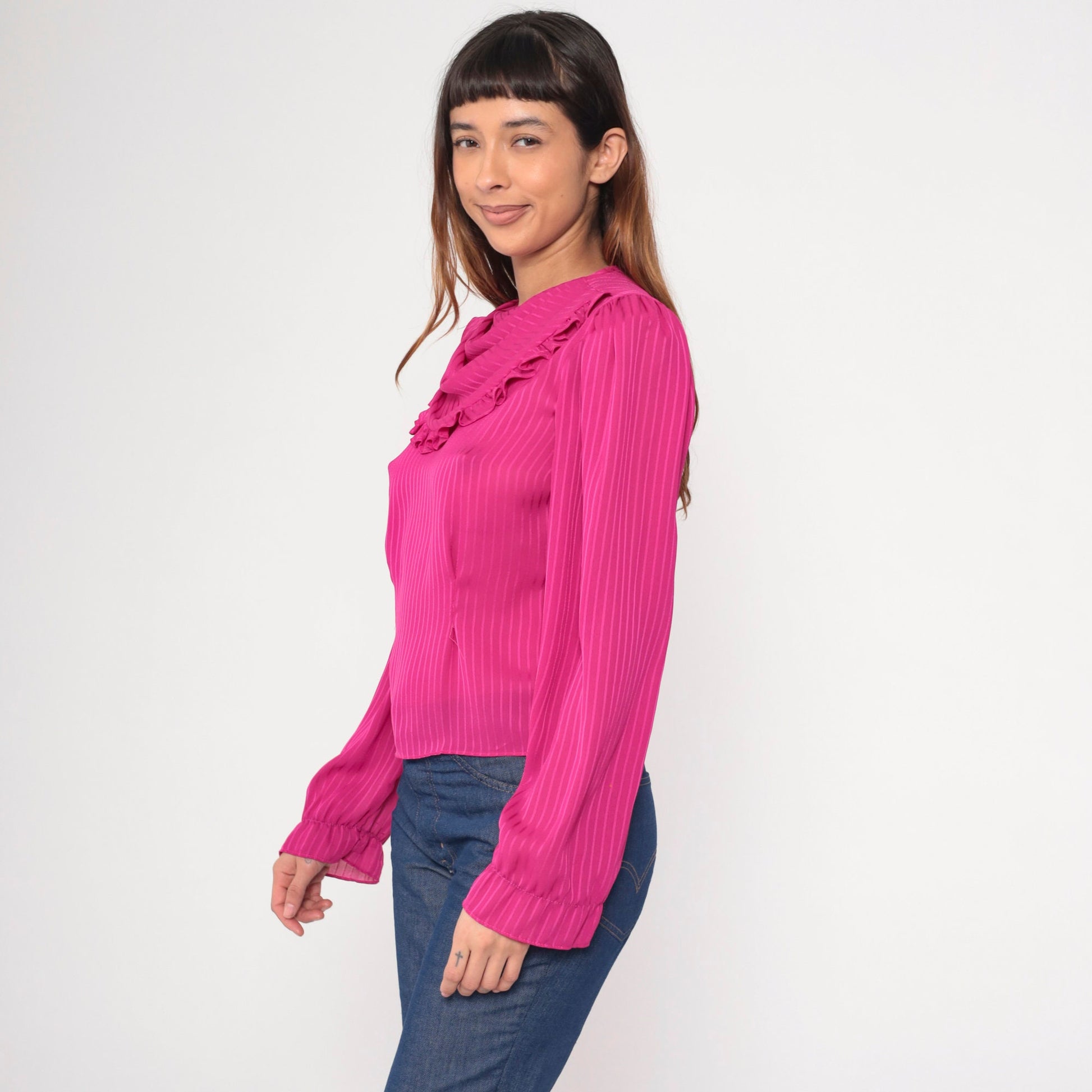 80s Fuchsia Cowl Neck Blouse Striped Puff Sleeve Keyhole Back Small