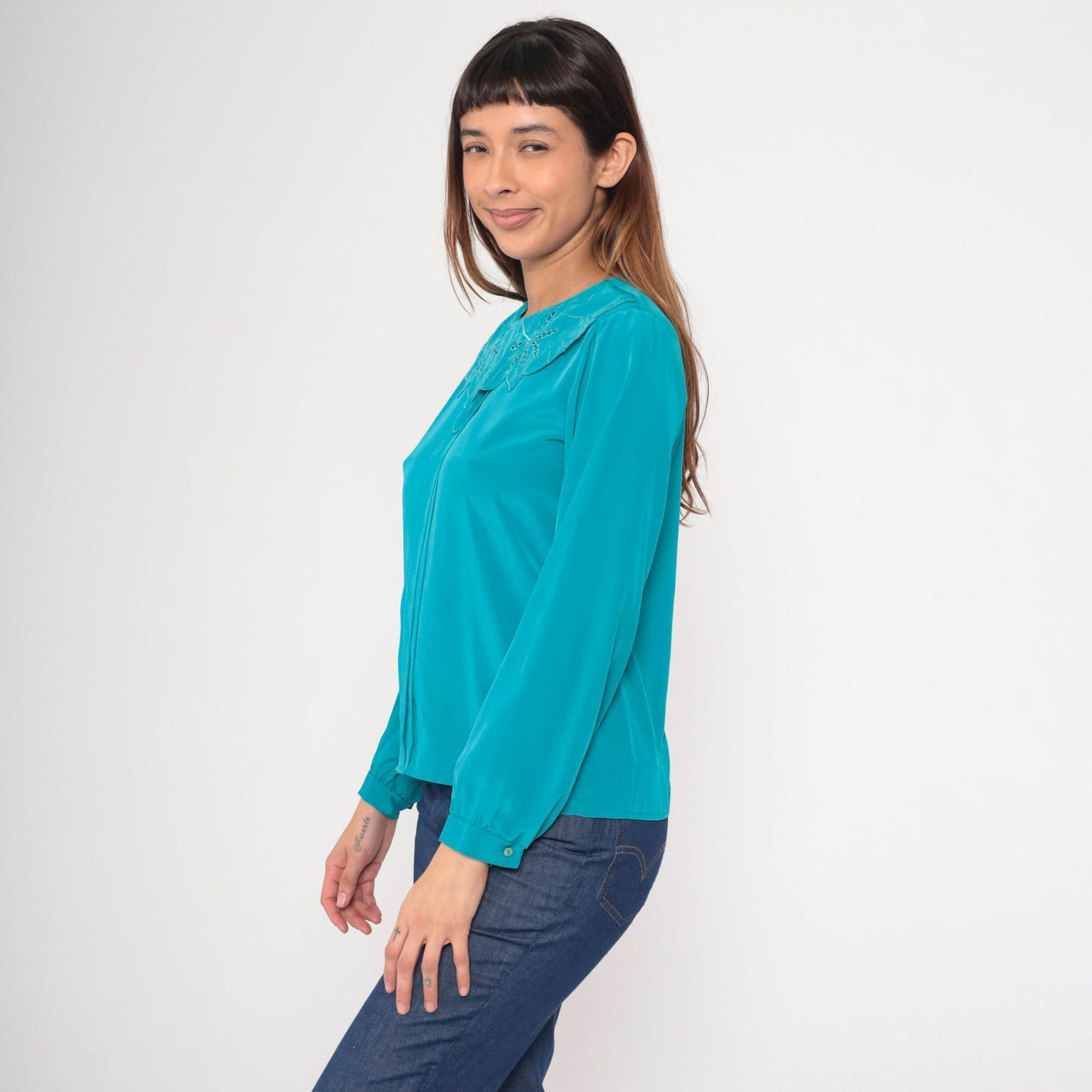 80s Teal Embroidered Cutwork Collar Blouse Button-Back Long Sleeve Small