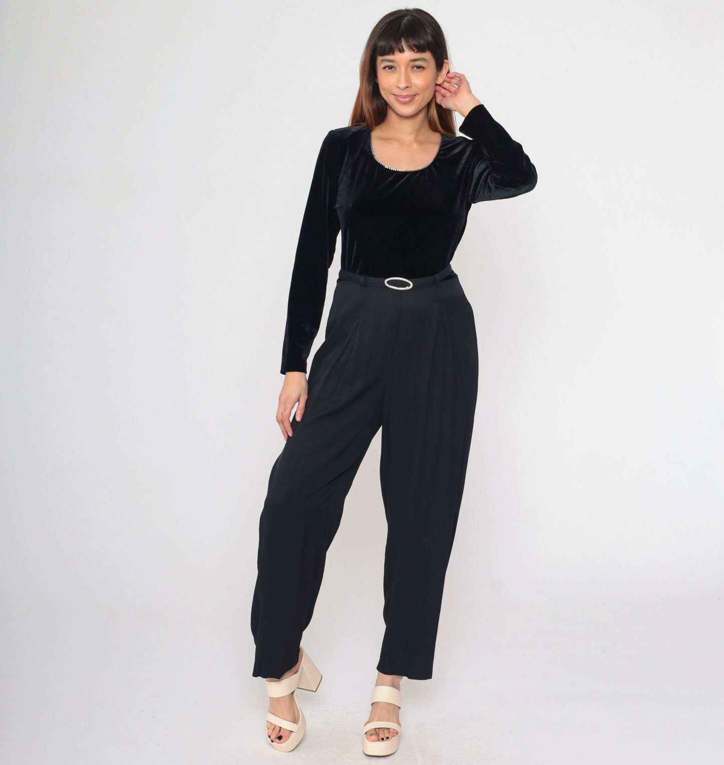 90s Black Velvet Jumpsuit Rhinestone Scoop Neck Tapered Long Sleeve Medium