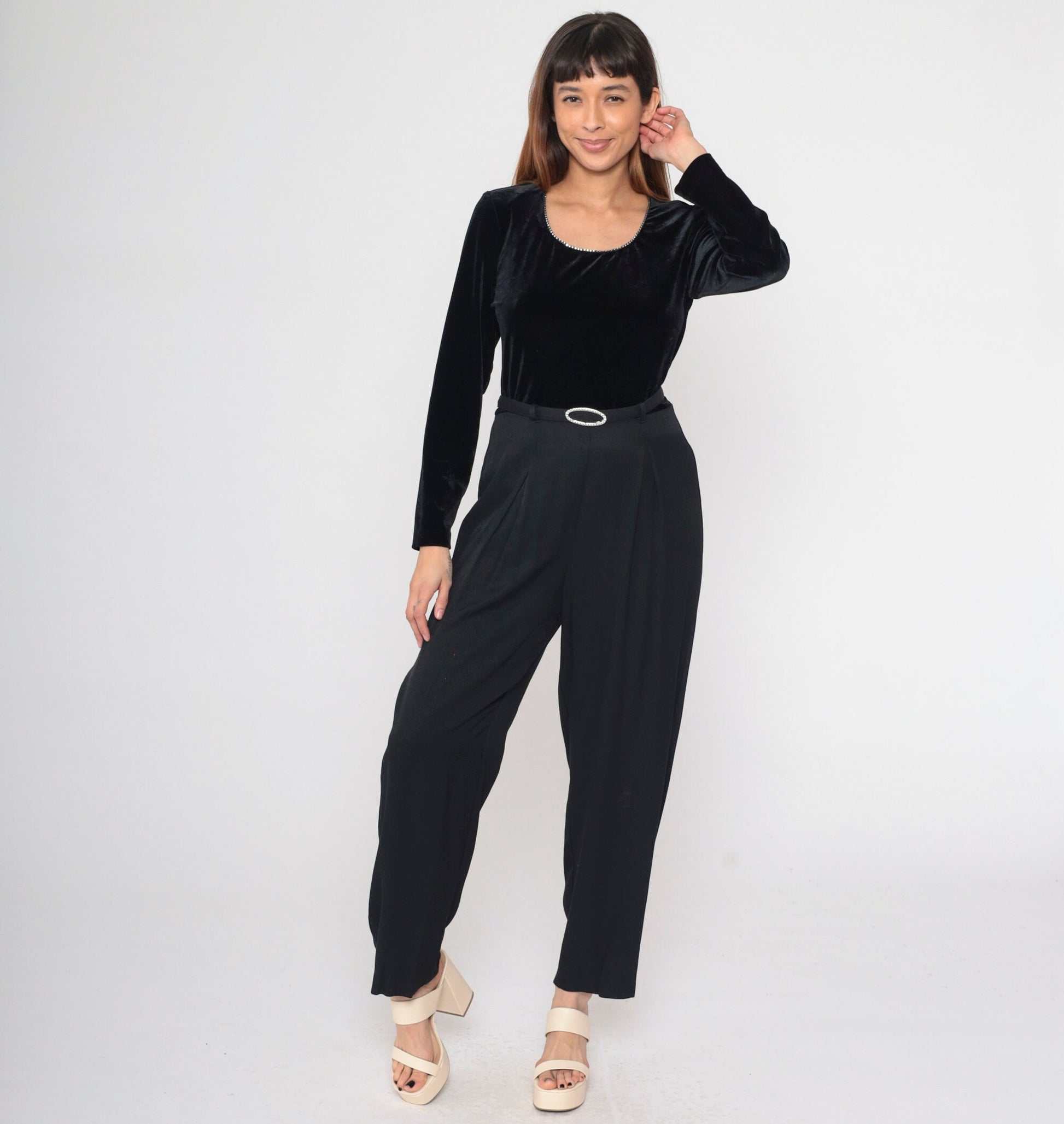 90s Black Velvet Jumpsuit Rhinestone Scoop Neck Tapered Long Sleeve Medium