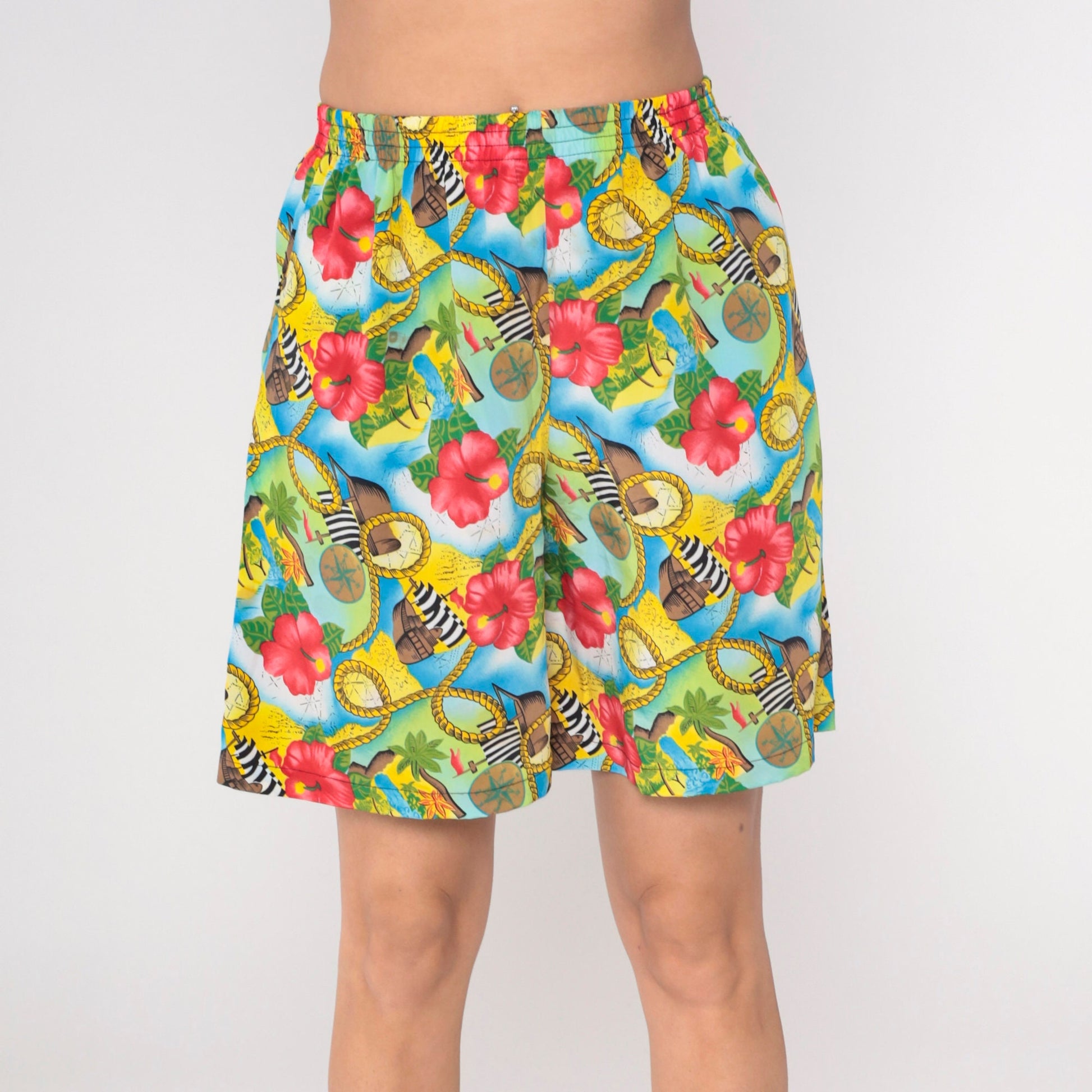 90s Hawaiian Print Shorts Pirate Ship Hibiscus Elastic Waist Small
