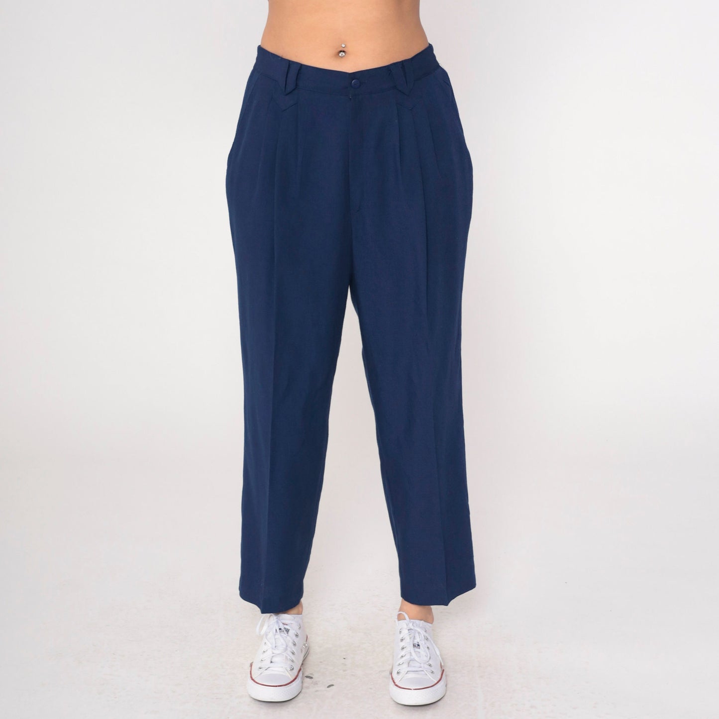 90s Navy Pleated High-Waist Tapered Trousers Medium Large Petite