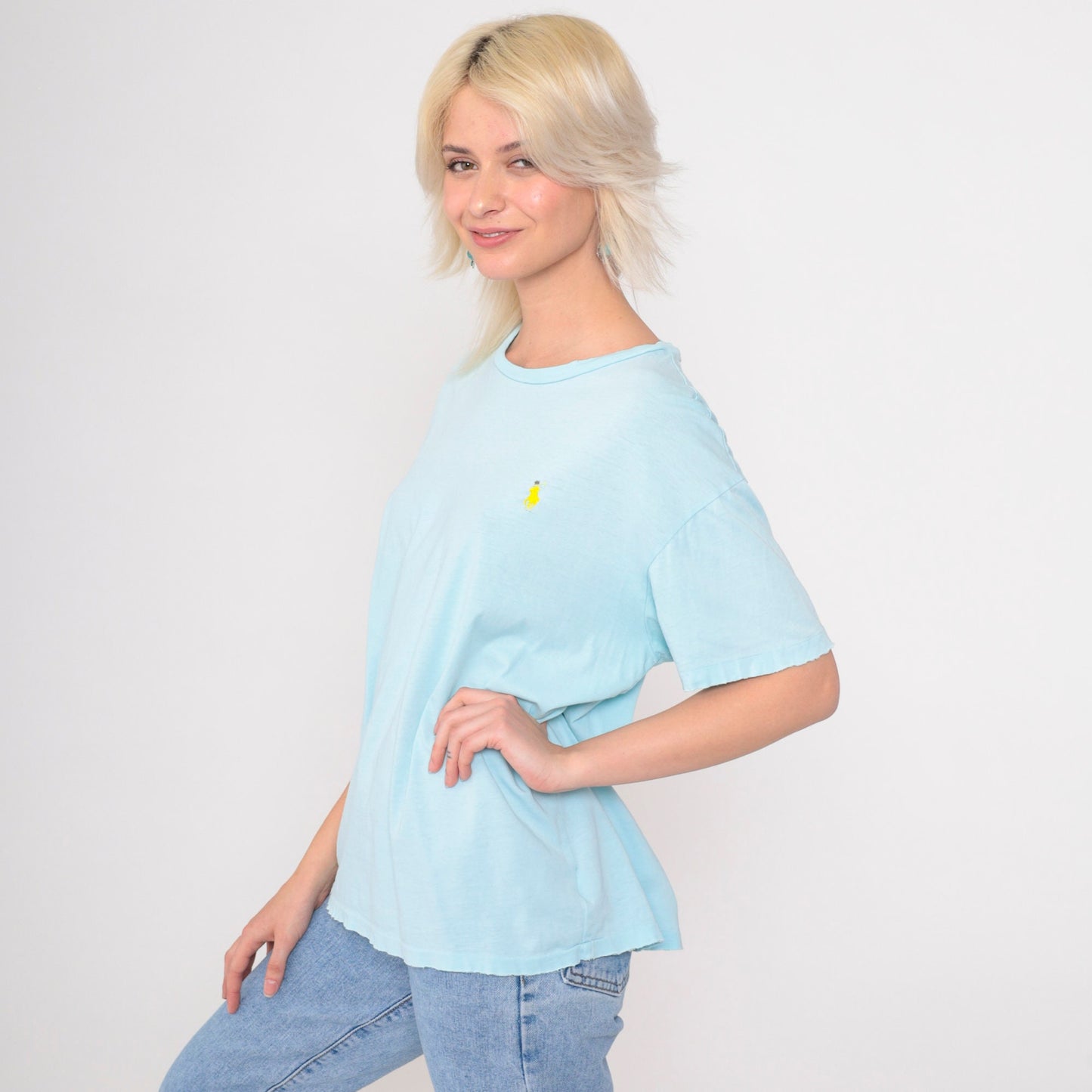 90s Polo Ralph Lauren T Shirt Baby Blue Distressed Logo Medium
