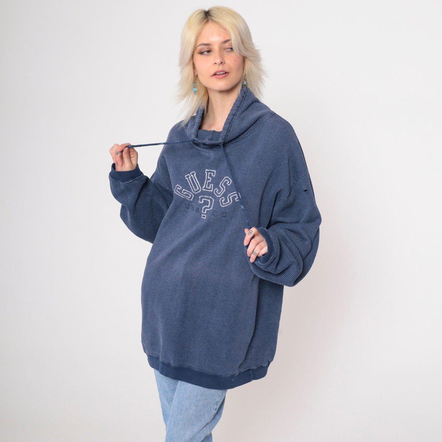 90s Guess Striped Blue Drawstring Cowl Neck Sweatshirt Large