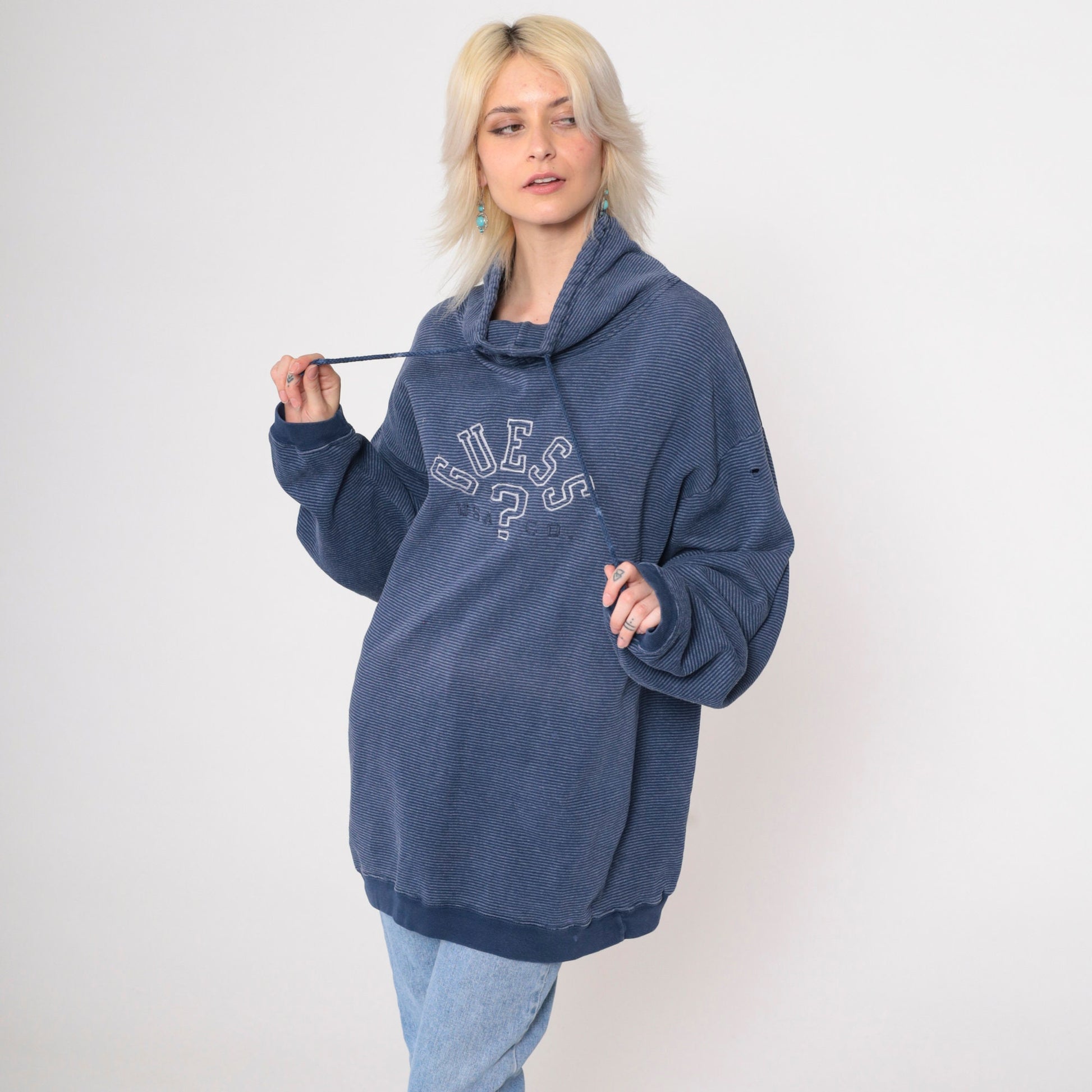90s Guess Striped Blue Drawstring Cowl Neck Sweatshirt Large