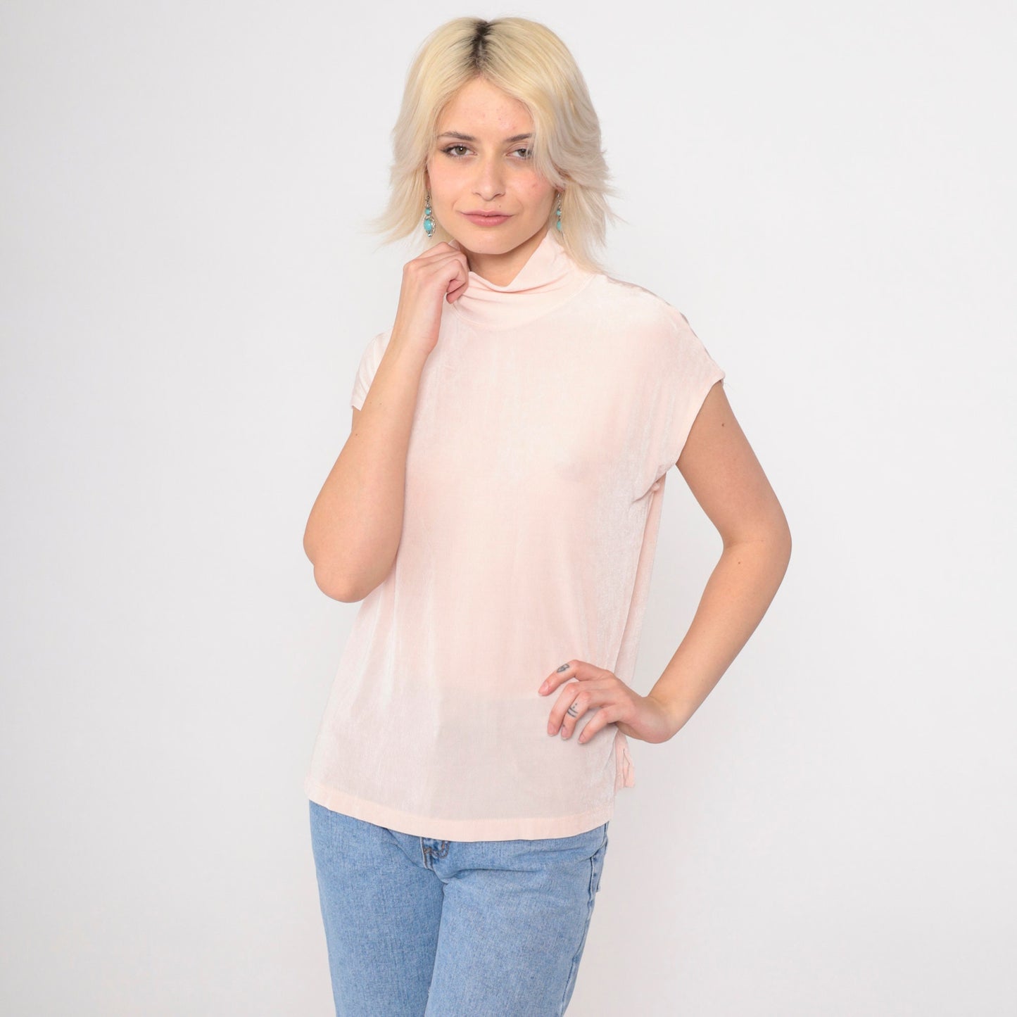 90s Coldwater Creek Mock Neck Top Baby Pink Cap Sleeve Medium M