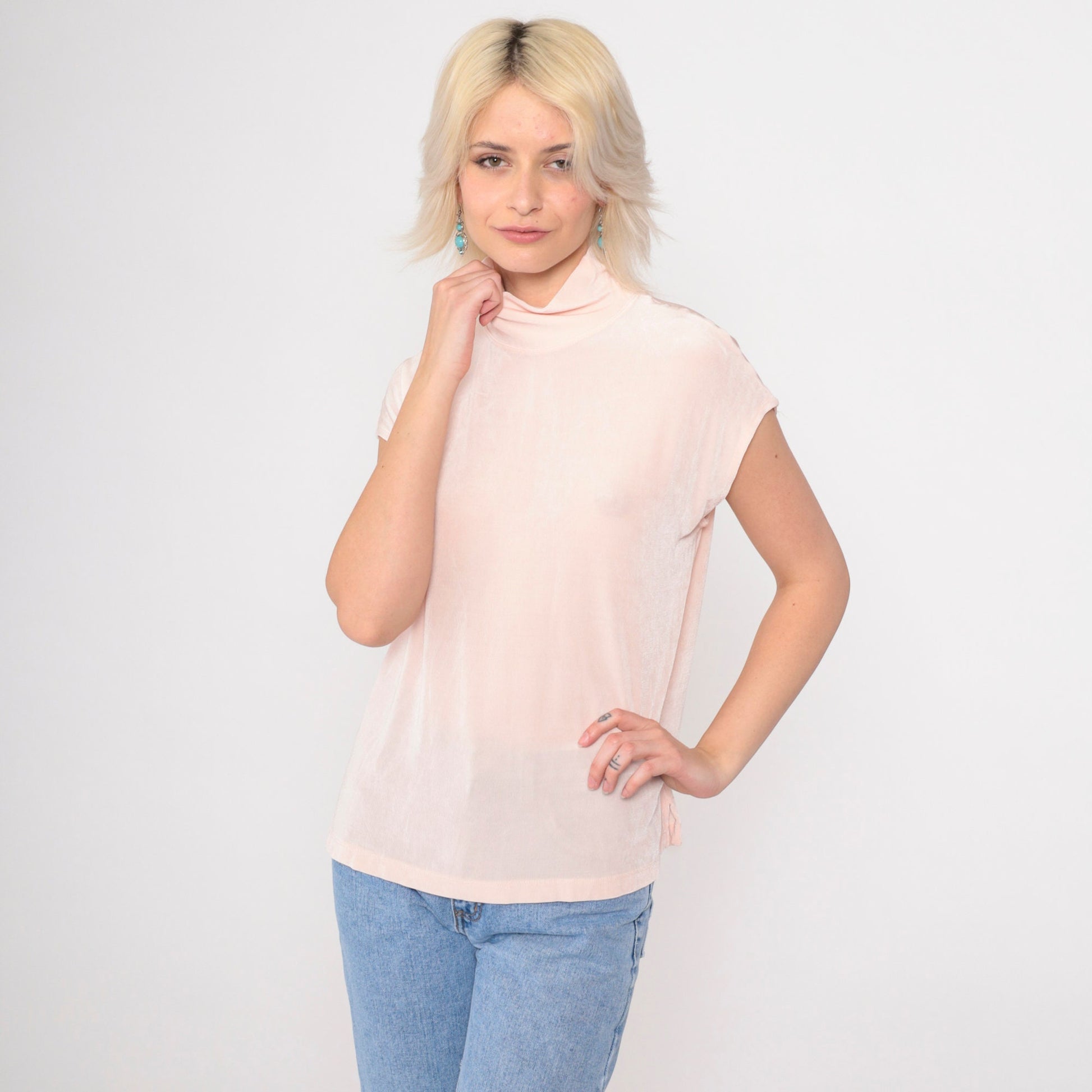 90s Coldwater Creek Mock Neck Top Baby Pink Cap Sleeve Medium M