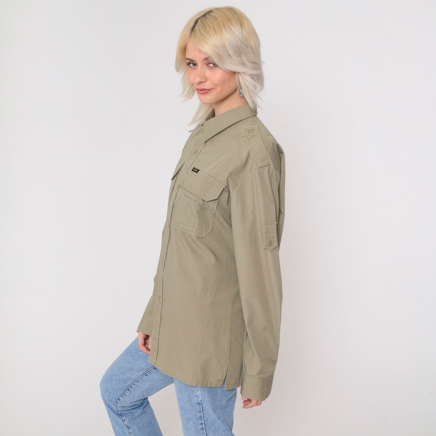 90s Utility Shirt Khaki Military Style Button Up Long Sleeve Medium