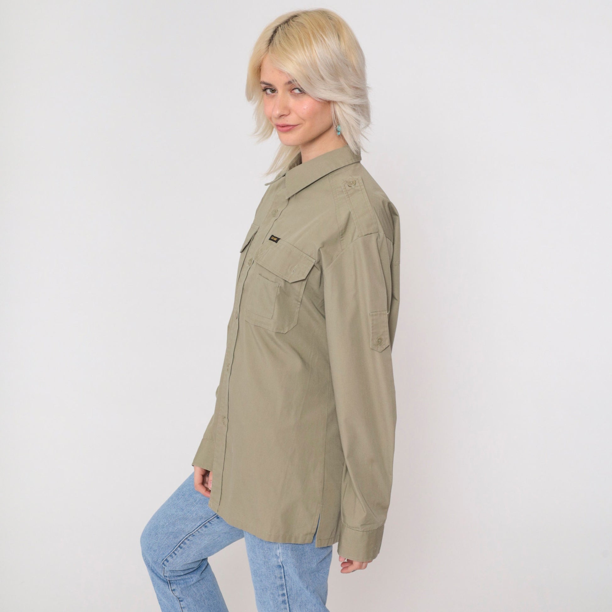 90s Utility Shirt Khaki Military Style Button Up Long Sleeve Medium