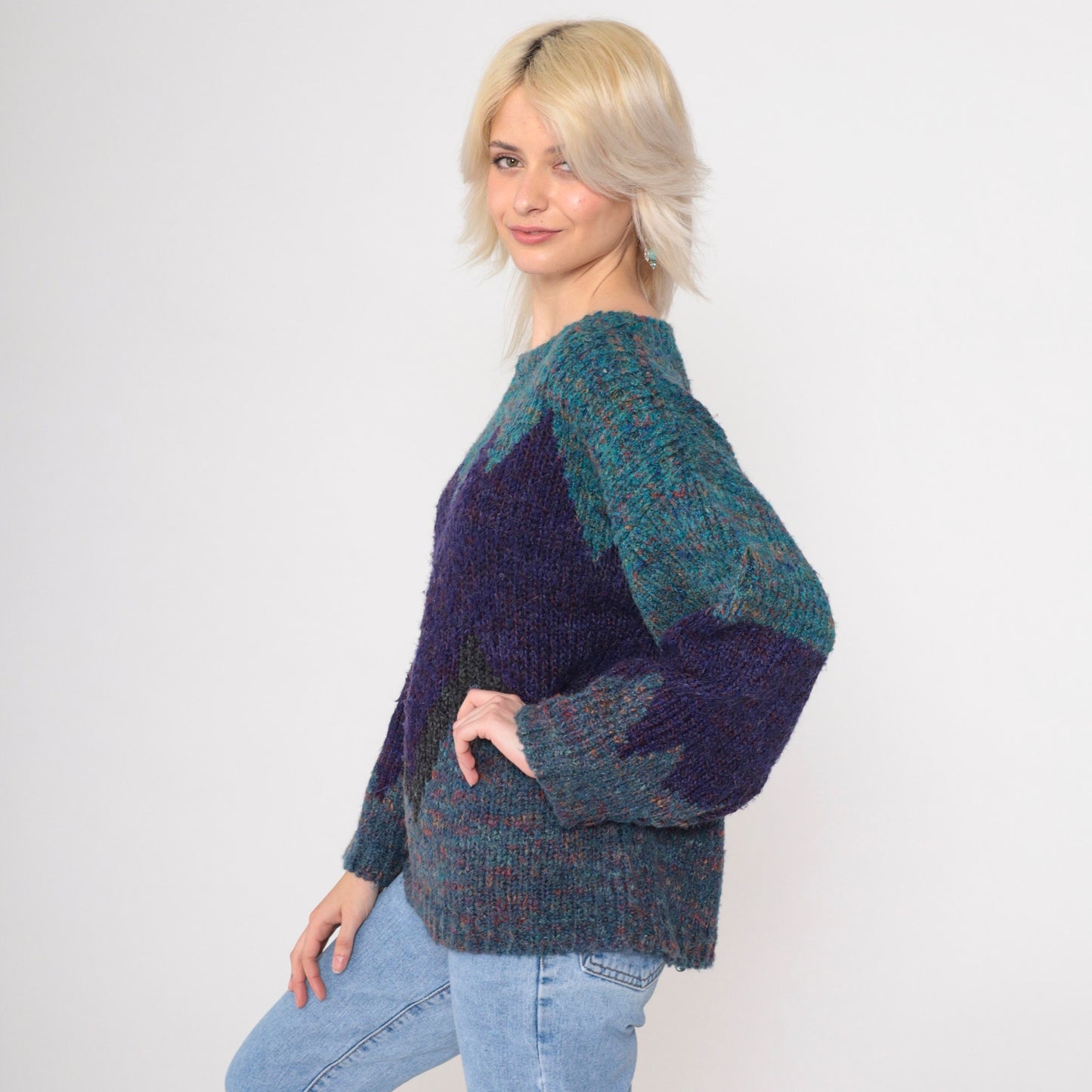 90s Purple Teal Colour Block Wool Blend Sweater Geometric Knit Large L