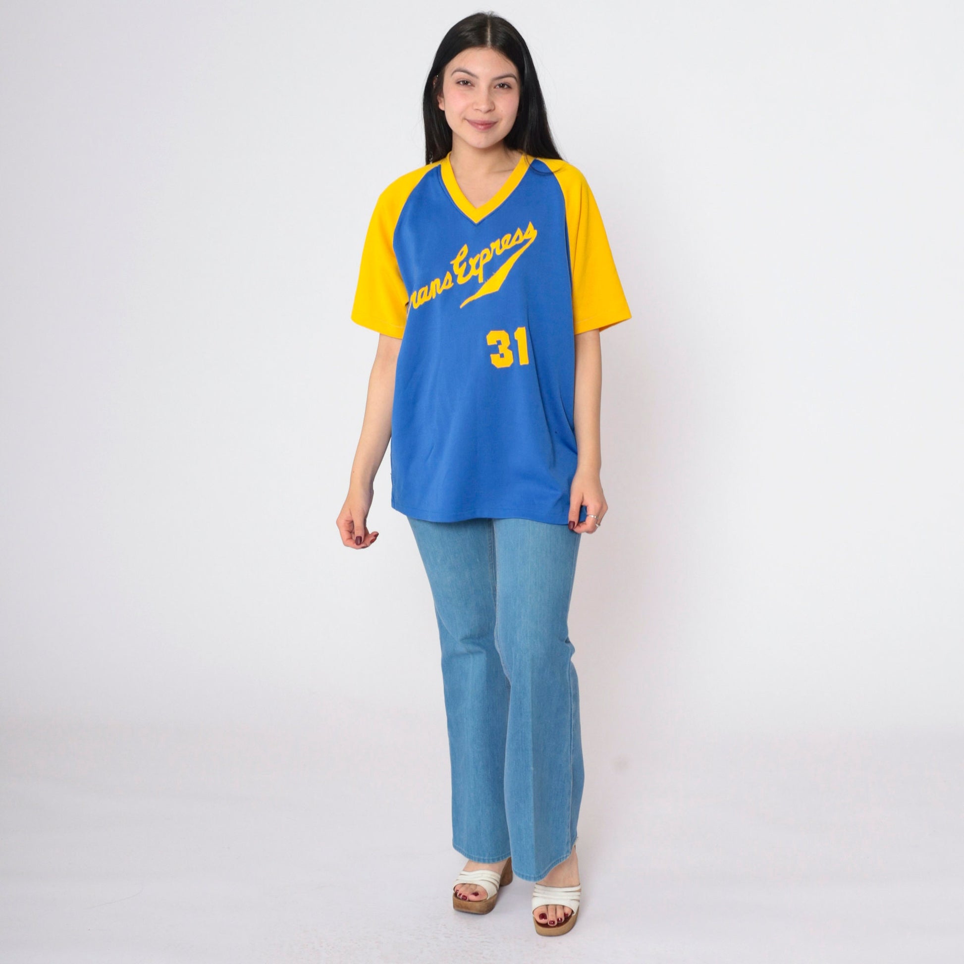 70s Trans Express Steve 31 Baseball Ringer Tee V-Neck Raglan Yellow Blue Medium