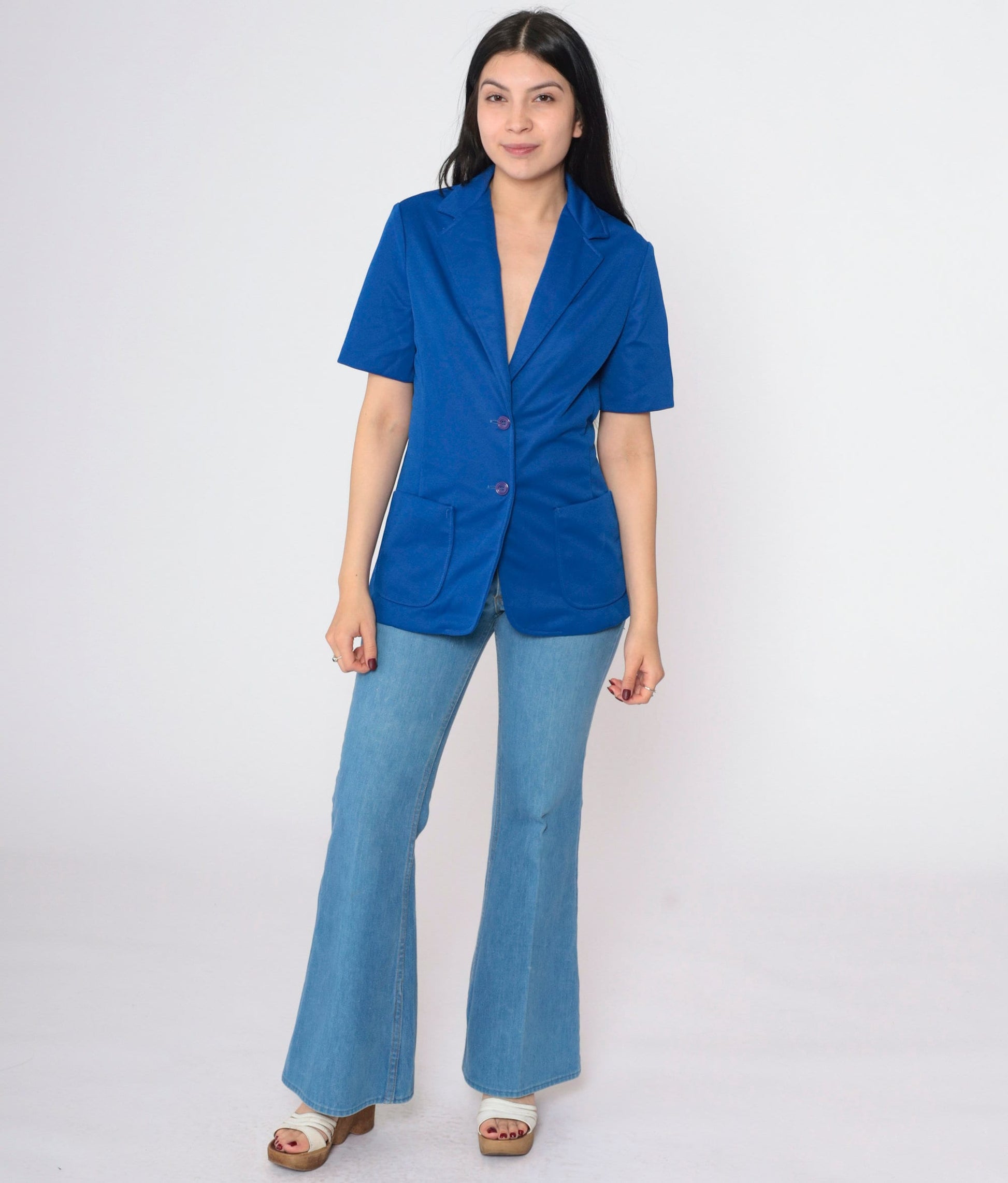 70s Royal Blue Short Sleeve Blazer Tailored Button Up Jacket Small