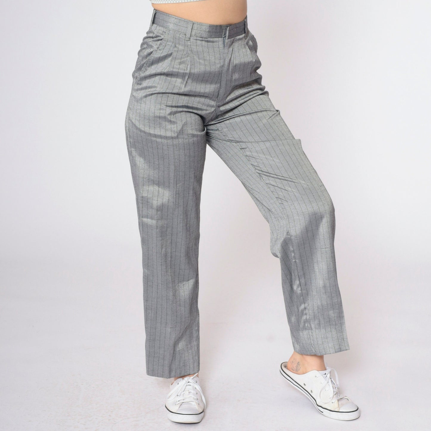 90s Grey Pinstripe High-Waisted Pleated Straight-Leg Trousers Small