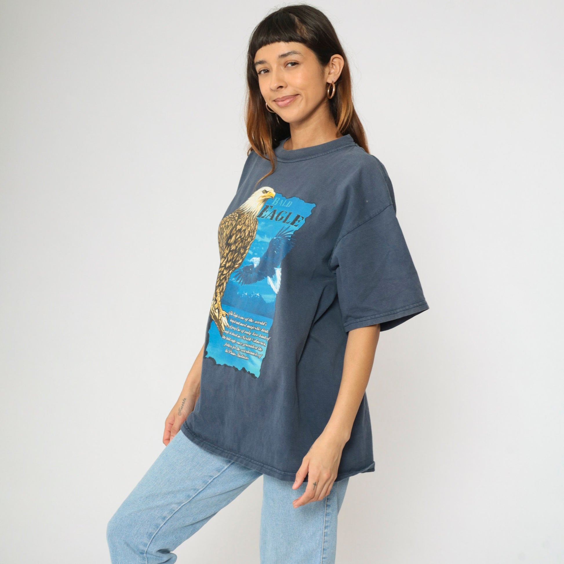 90s Bald Eagle Nature Graphic T-Shirt Navy Cotton Tee Extra Large XL
