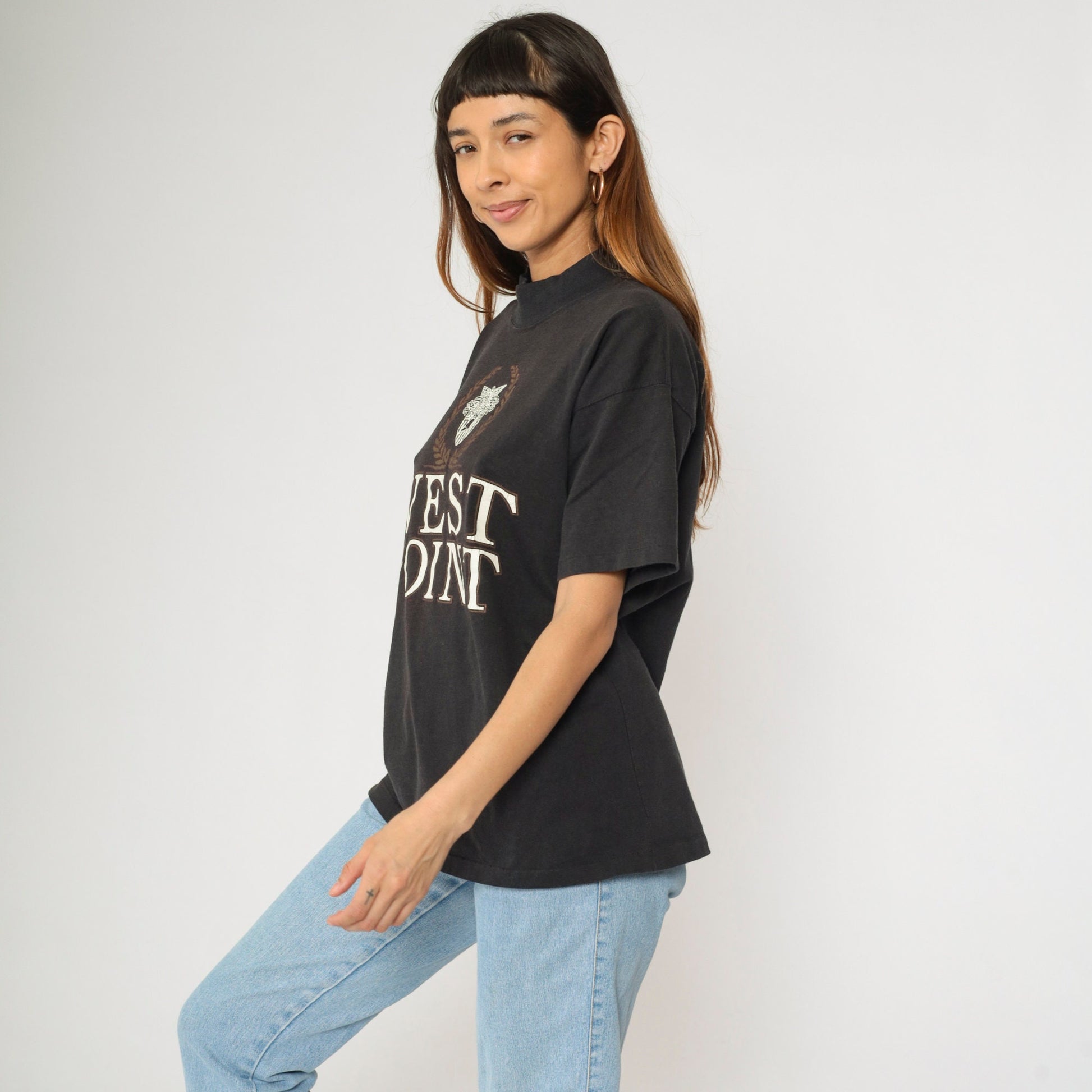 90s West Point Military Academy Black Mock Neck Graphic Tee Medium