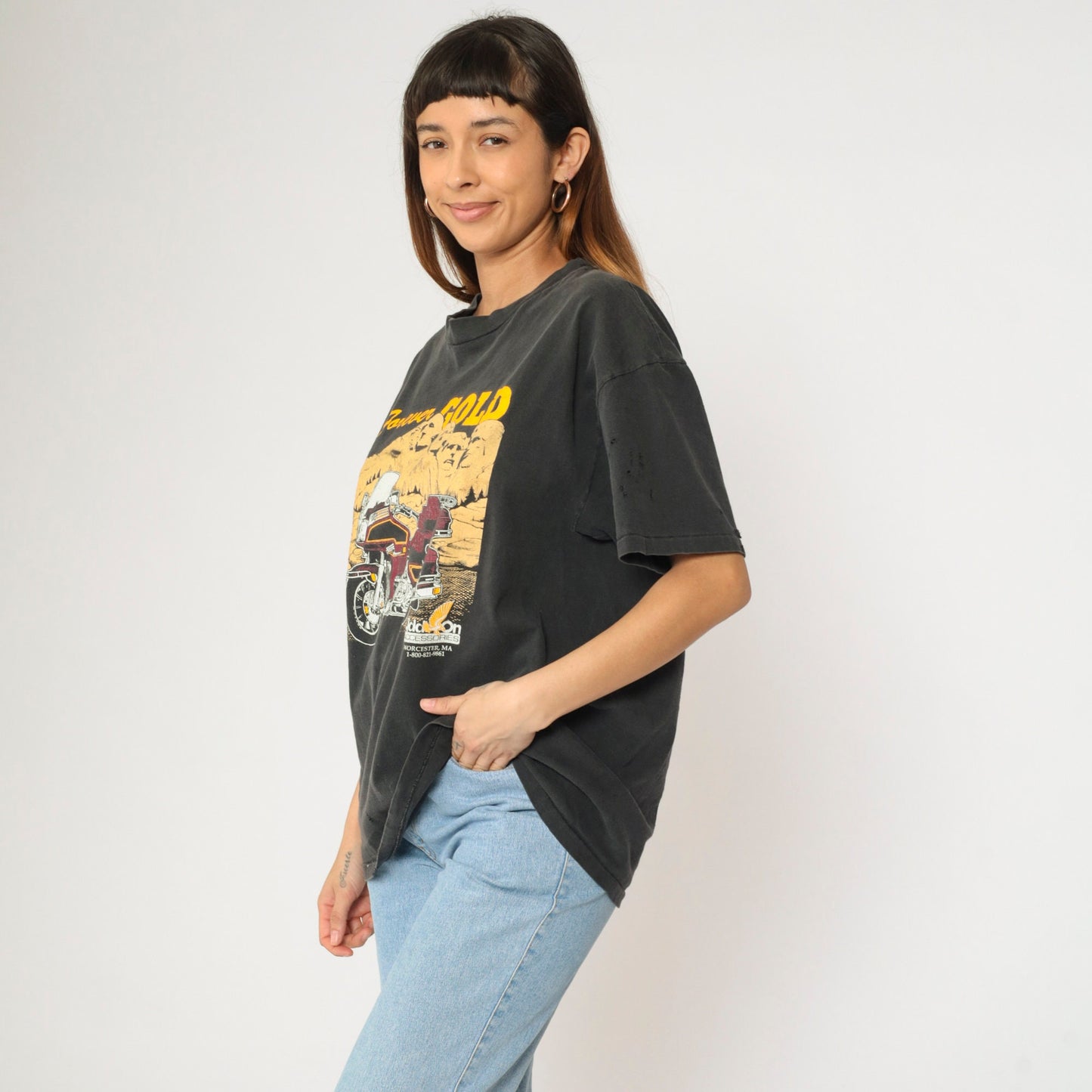 90s Mount Rushmore Forever Gold Motorcycle Graphic Tee Black Cotton Extra Large