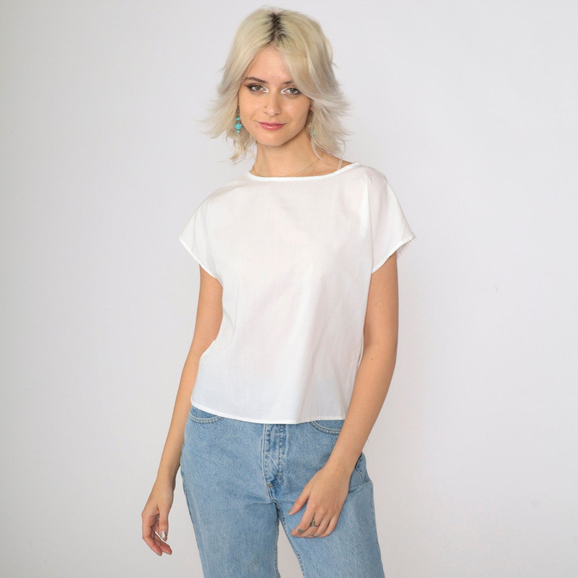 90s White Cap Sleeve Blouse Semi-Sheer Cotton Small
