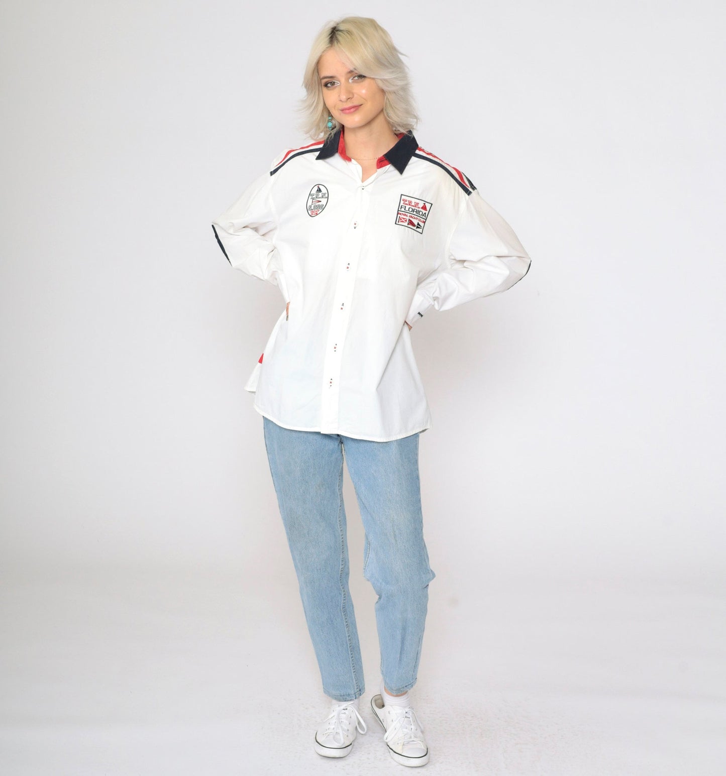 00s Royal Yacht Club Embroidered Button-Up Shirt White Patriotic American Flag Large