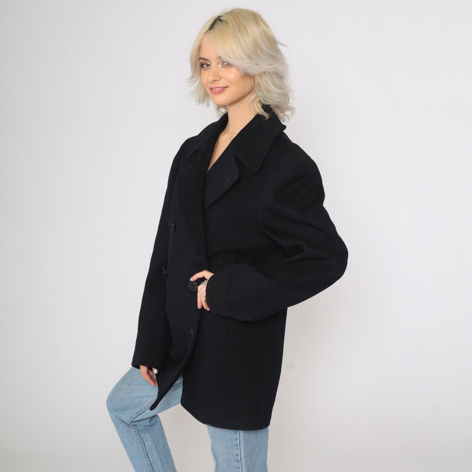 1940s US Navy Pea Coat Wool Double Breasted Black Jacket Medium 36