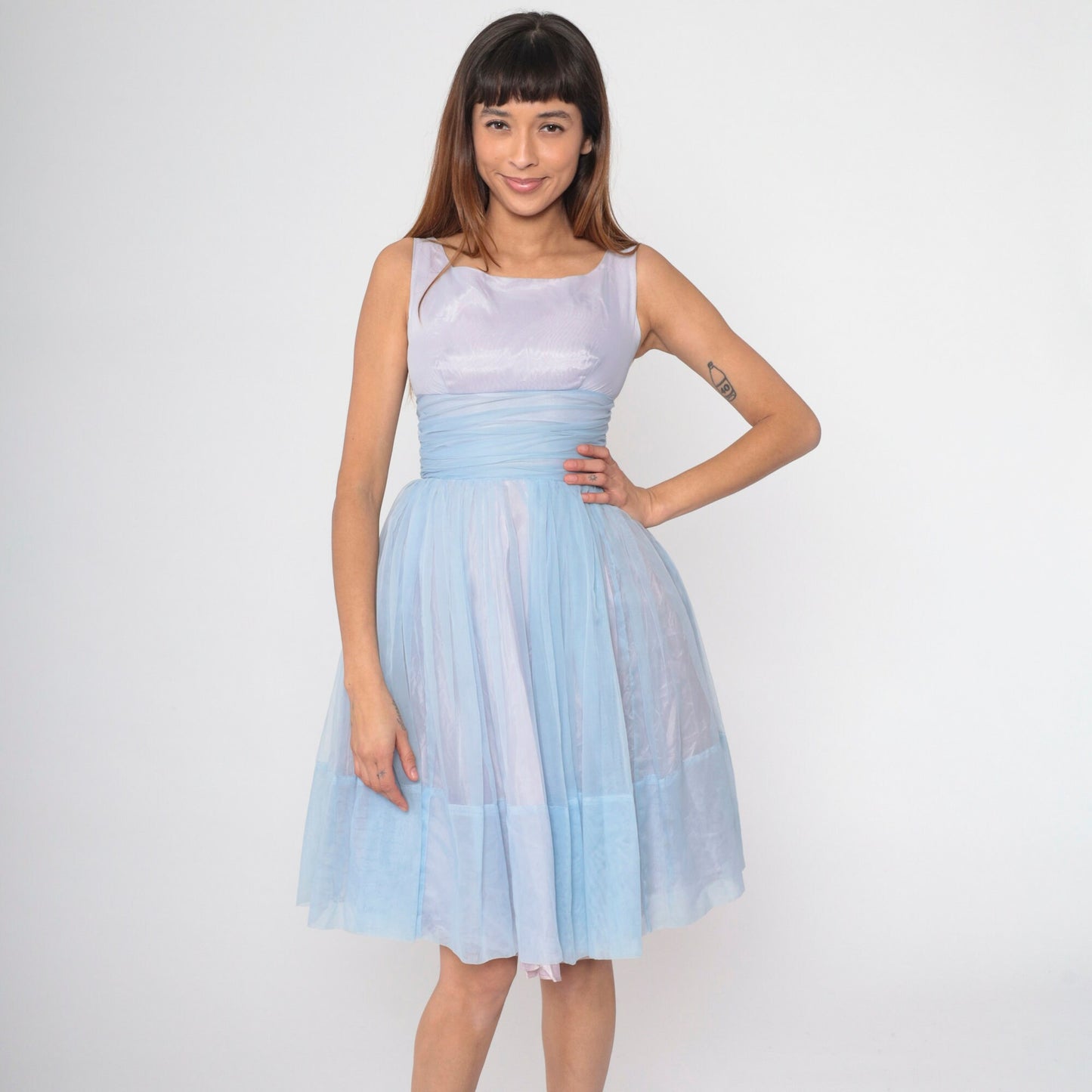 1960s Light Blue Chiffon Empire Waist Dress Knee Length Sleeveless XS