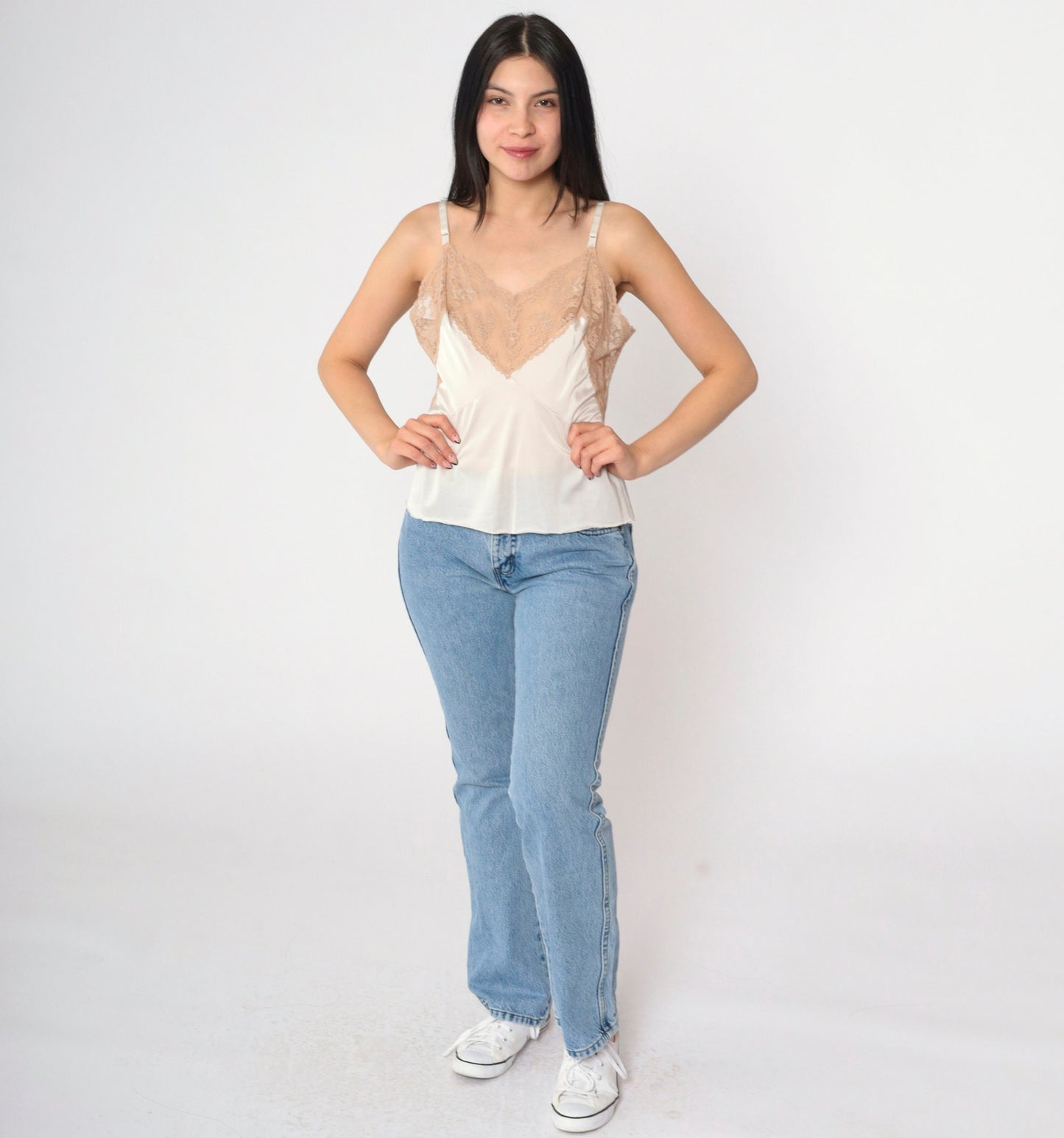 80s Beige Nylon Lace Cami Top Floral Sheer V-Neck Spaghetti Straps Medium