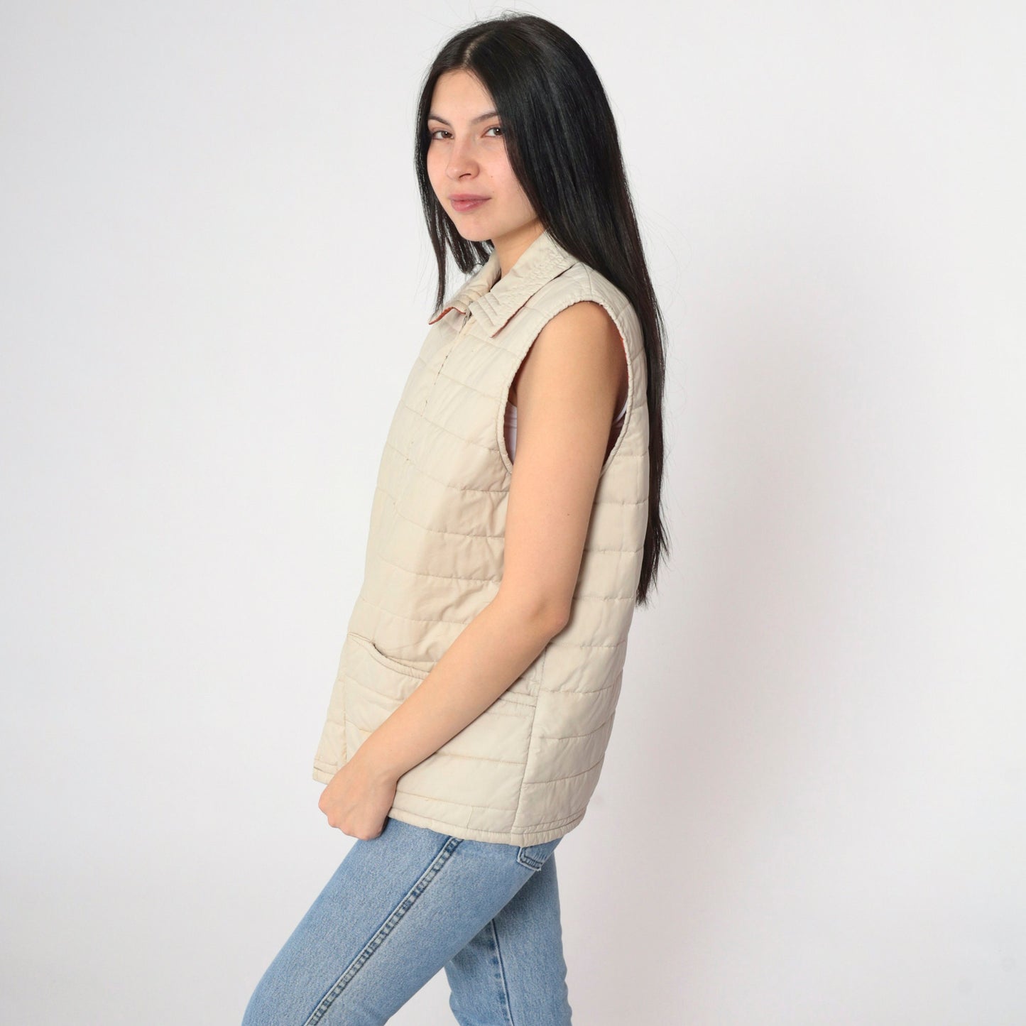 80s Beige Puffer Vest Zip-Up Sleeveless Jacket Rust Lining Medium