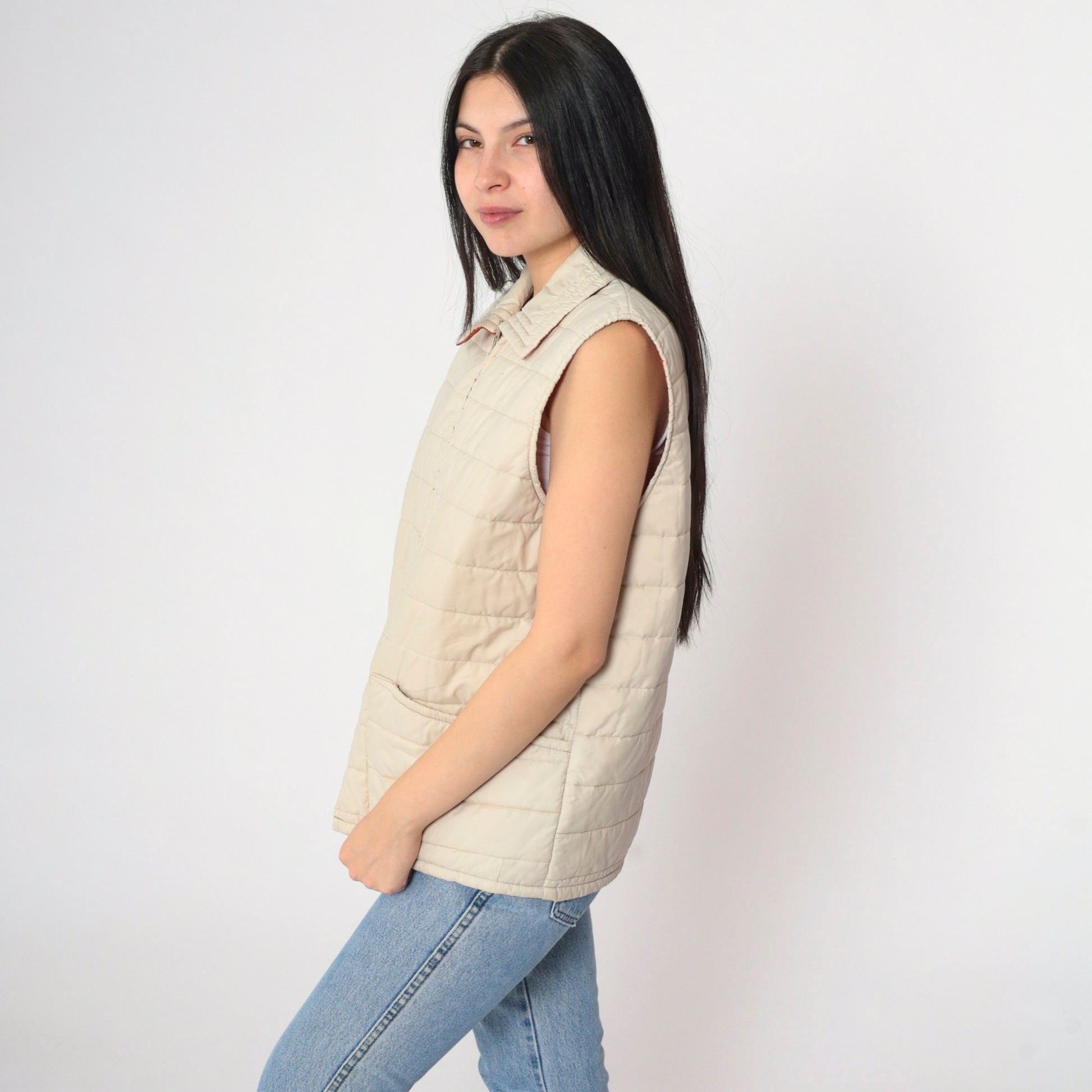 80s Beige Puffer Vest Zip-Up Sleeveless Jacket Rust Lining Medium