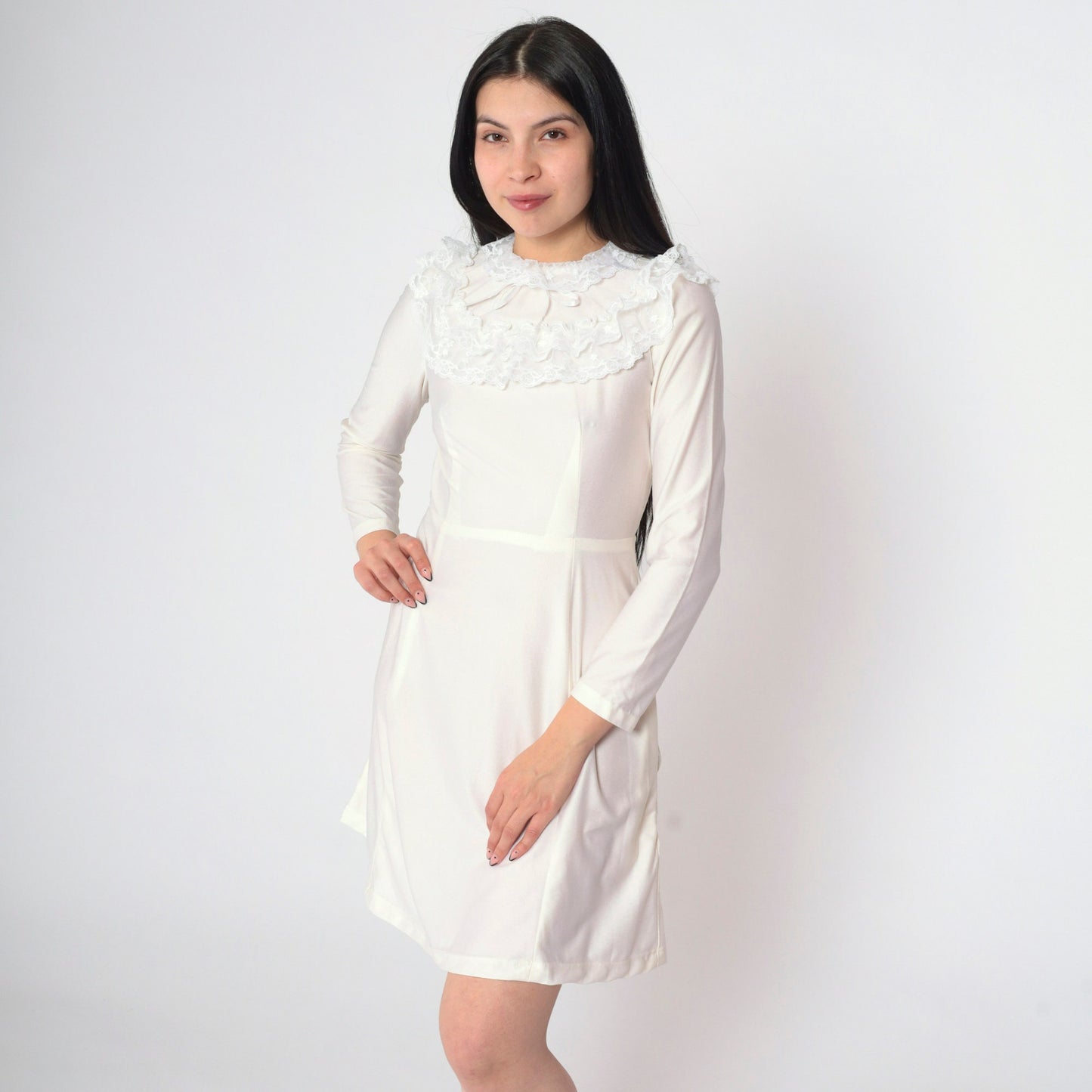 70s White Lace Dress Ruffled Collar Long Sleeve High Waist Mini Extra Small