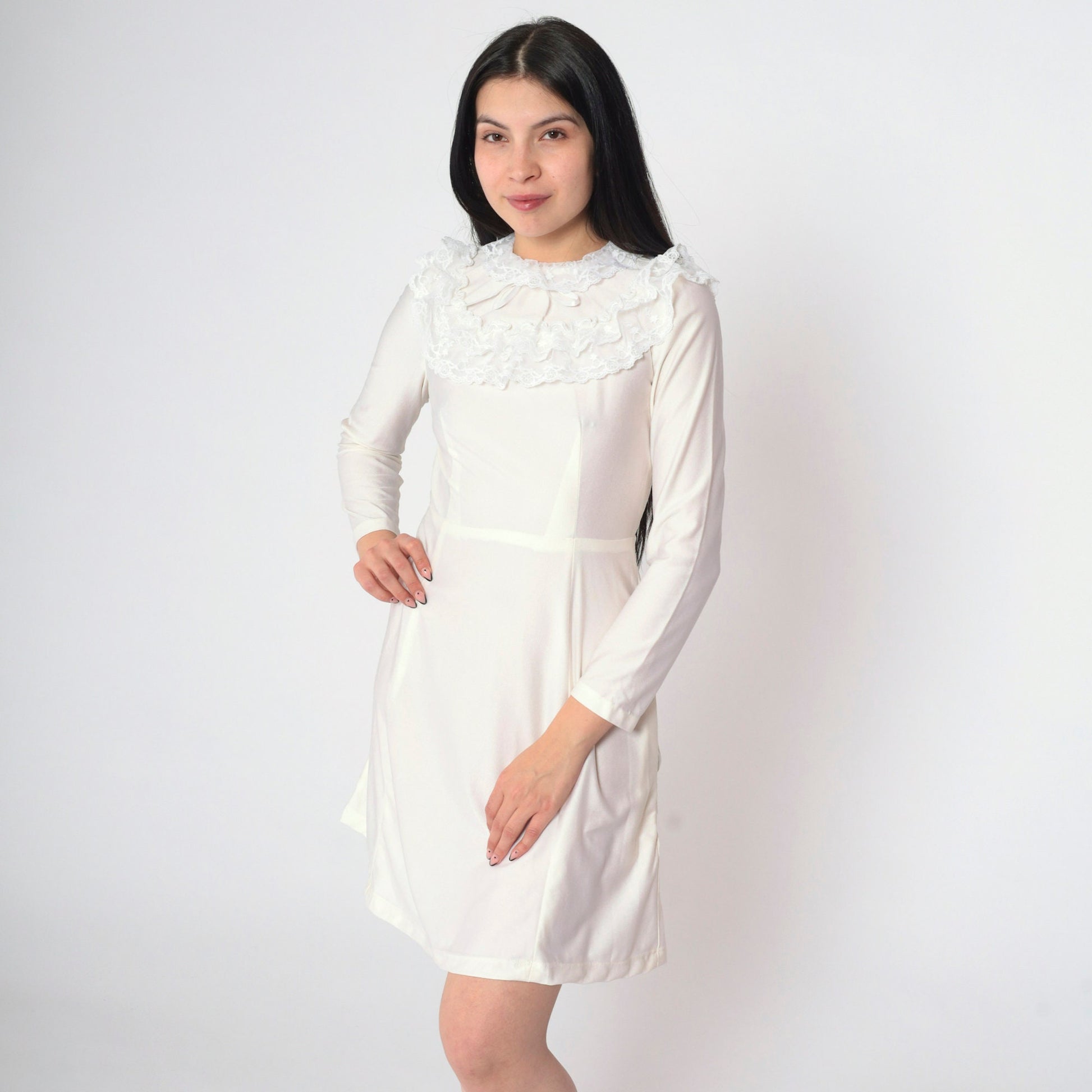 70s White Lace Dress Ruffled Collar Long Sleeve High Waist Mini Extra Small