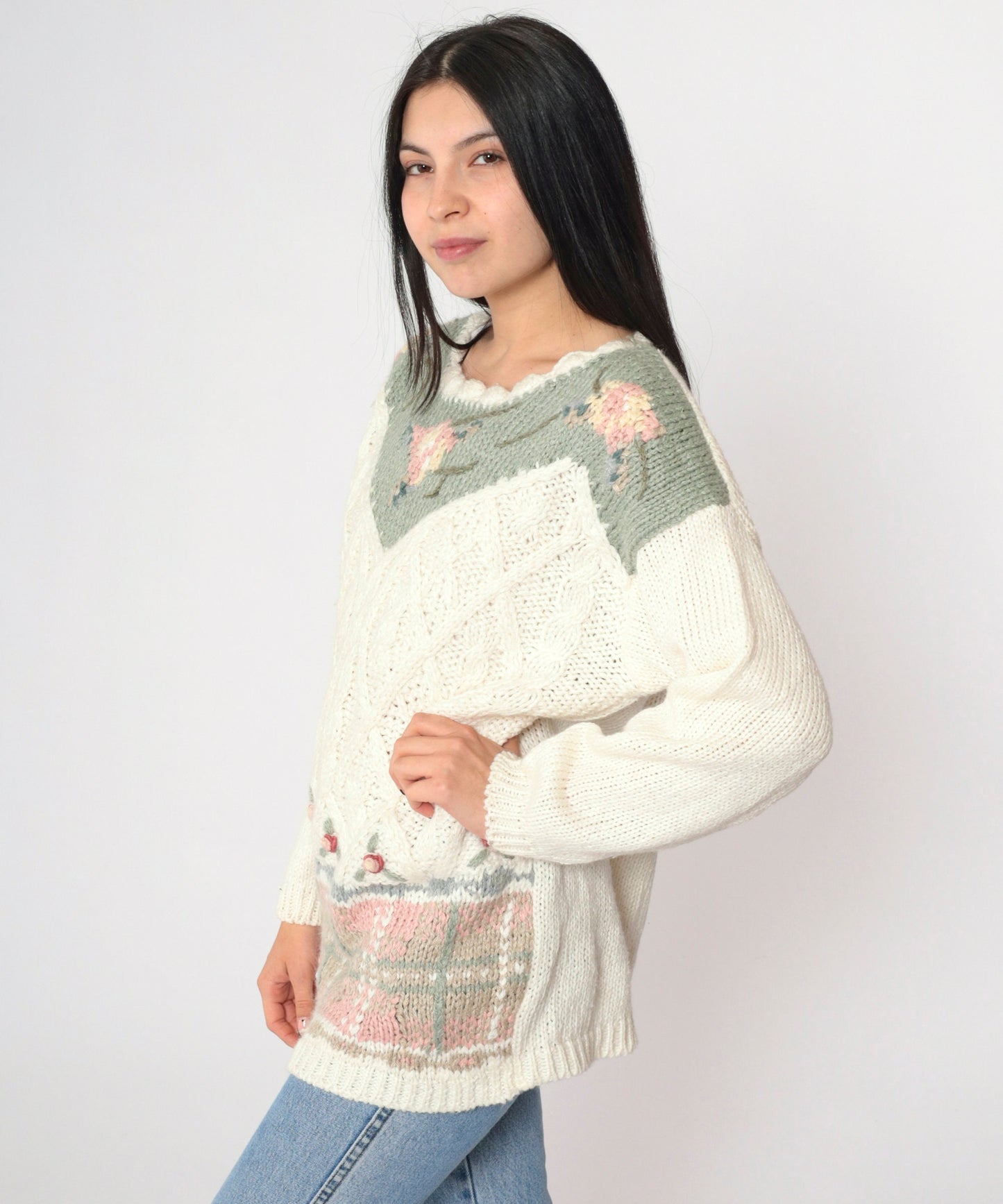 90s Casual Corner Hand-Knit Floral Sweater Cream Green Pink Large