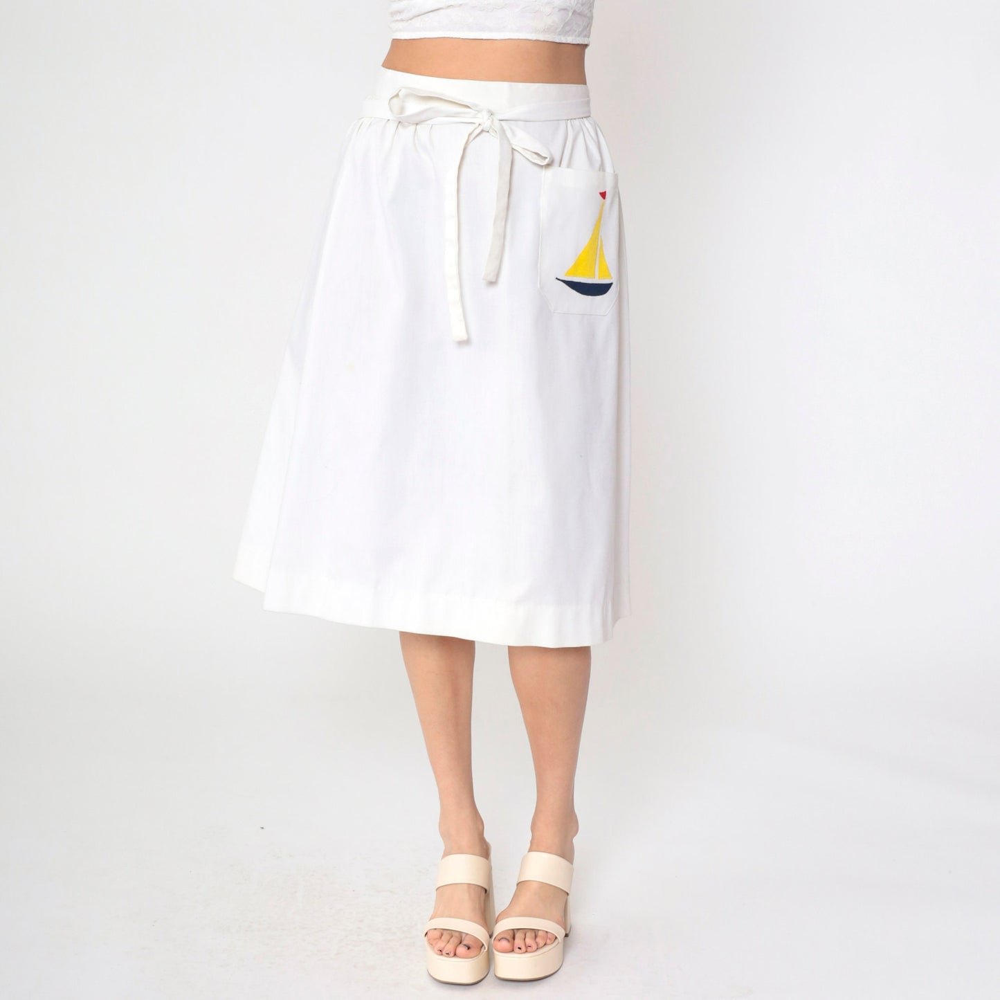 70s Nautical Wrap Skirt White Sailboat Pocket Midi High Waist Small