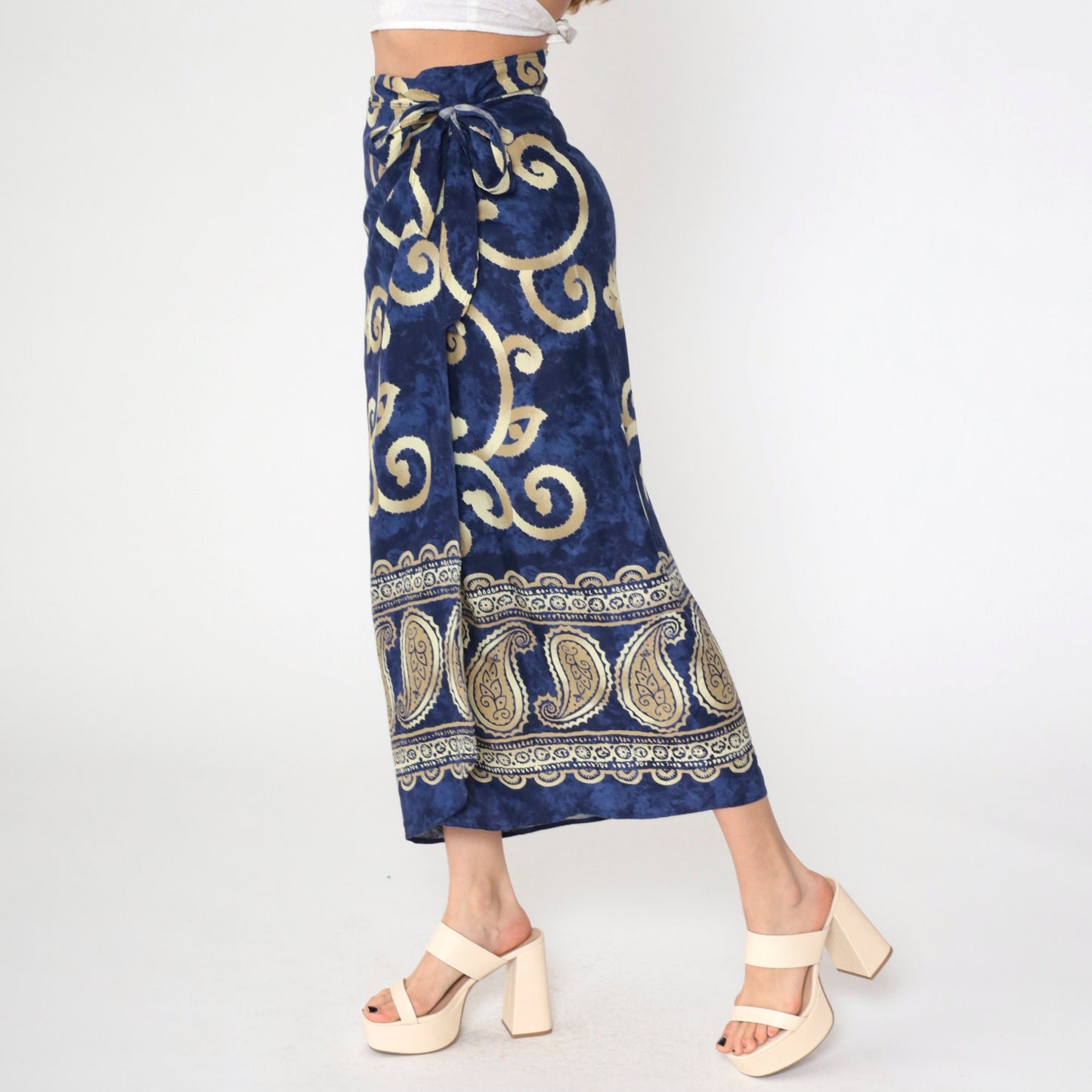 Y2K Sarong Wrap Skirt Paisley Scroll Print Dark Blue Midi Medium Large