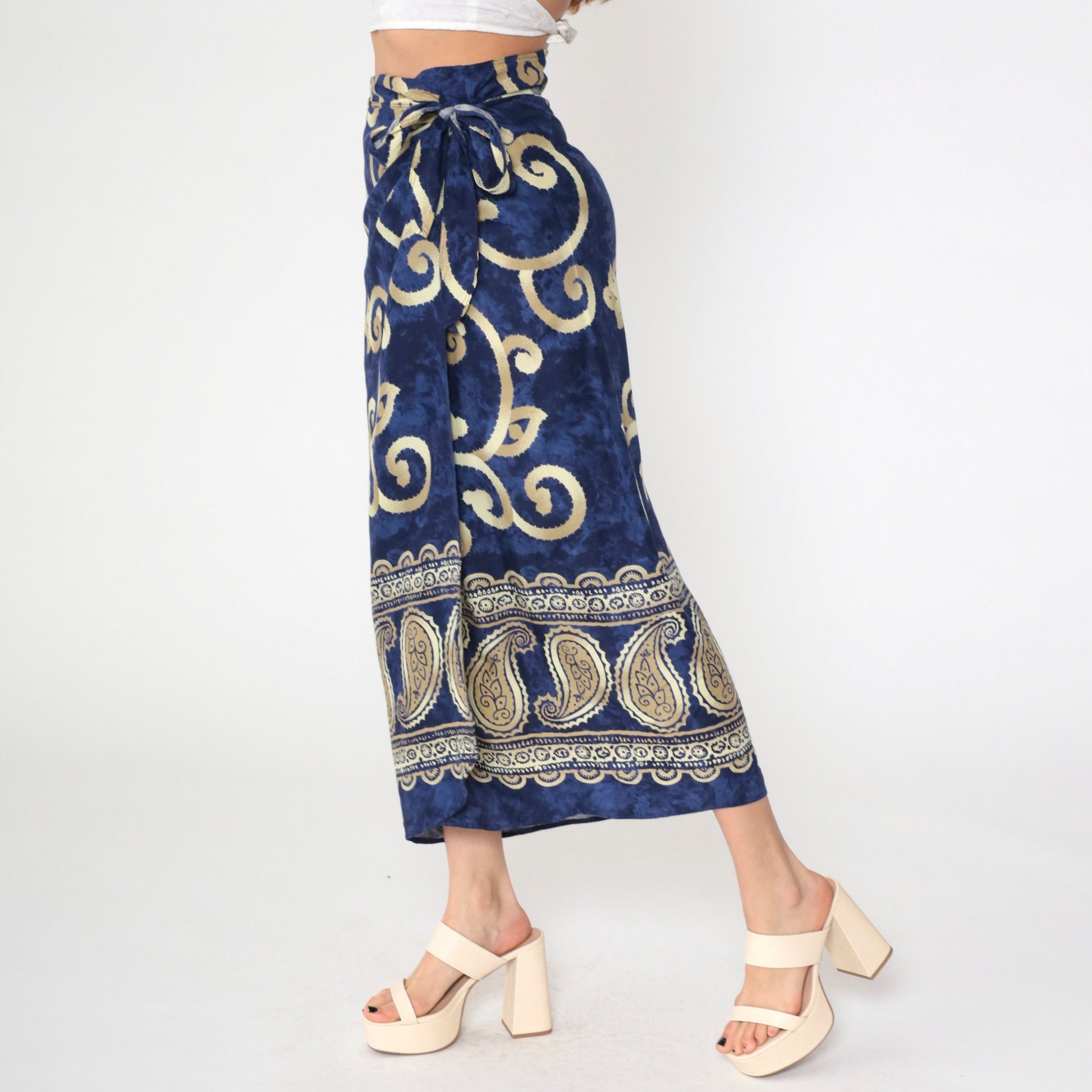 Y2K Sarong Wrap Skirt Paisley Scroll Print Dark Blue Midi Medium Large