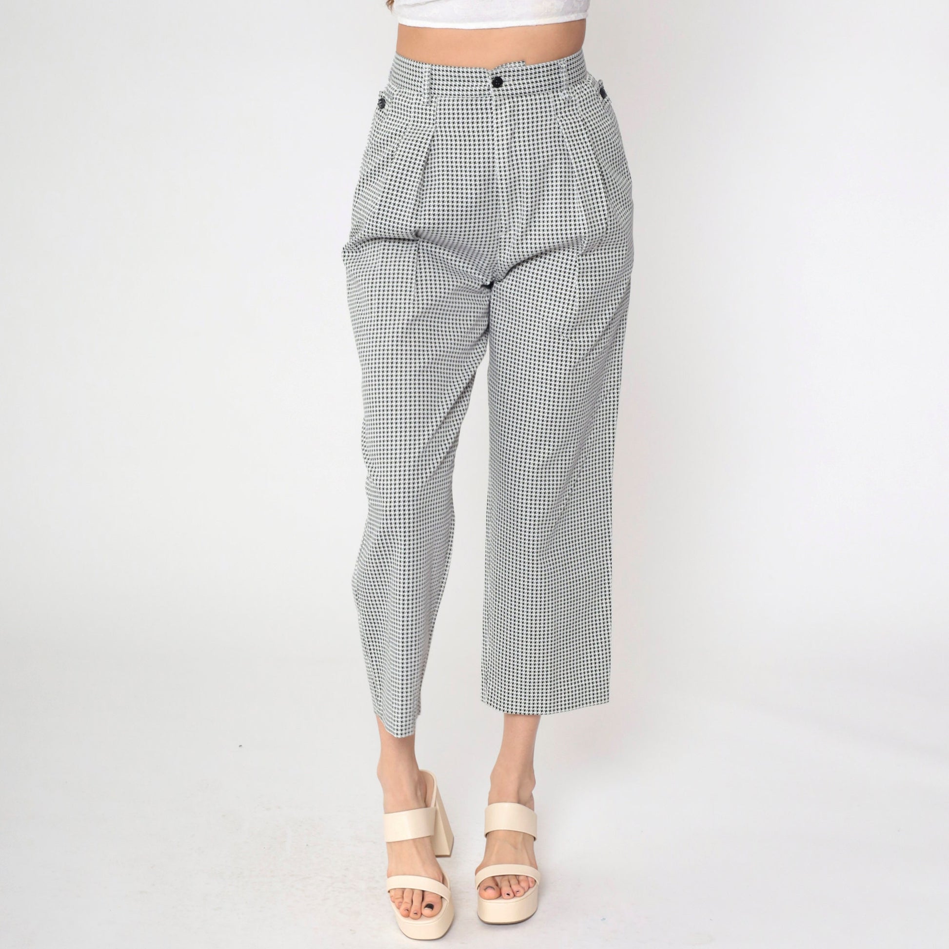 90s Houndstooth Cropped Trousers High Waist Pleated Black White Small