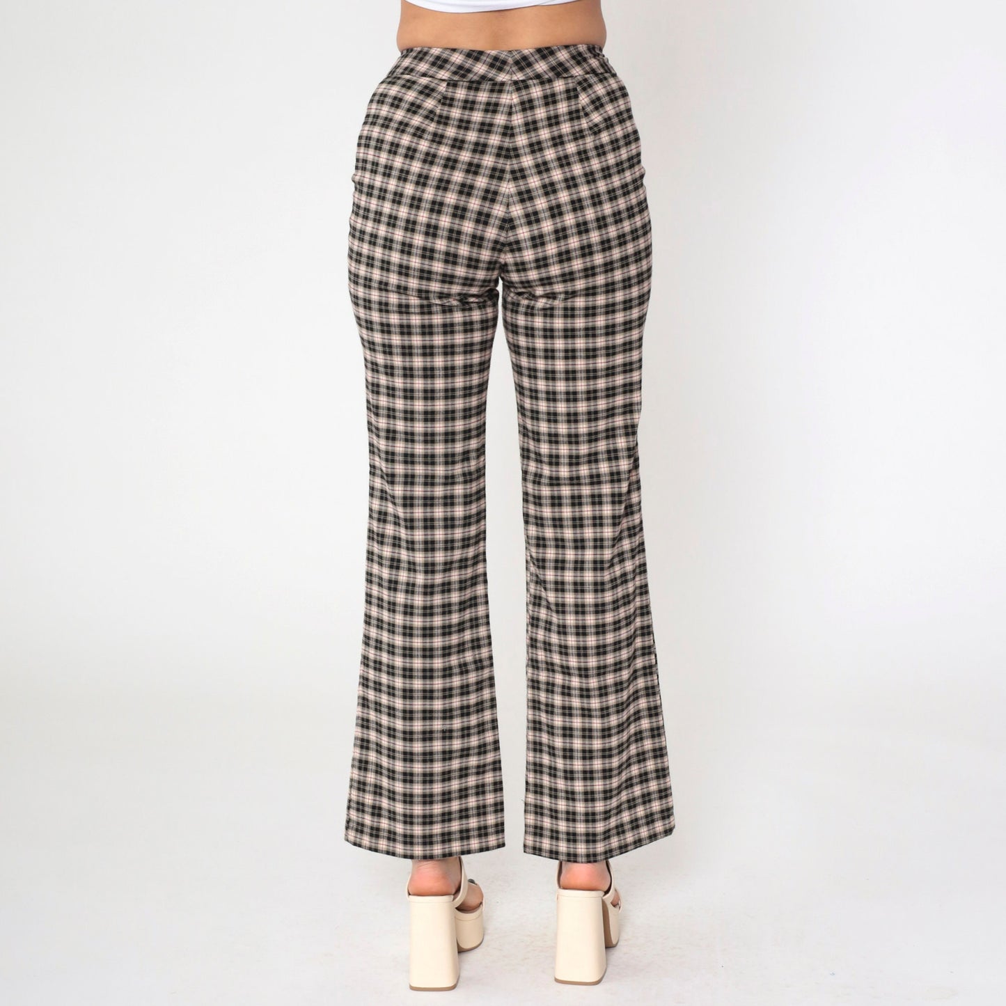 90s Star City Plaid Flared Trousers Black Tan Mid Rise Small 7