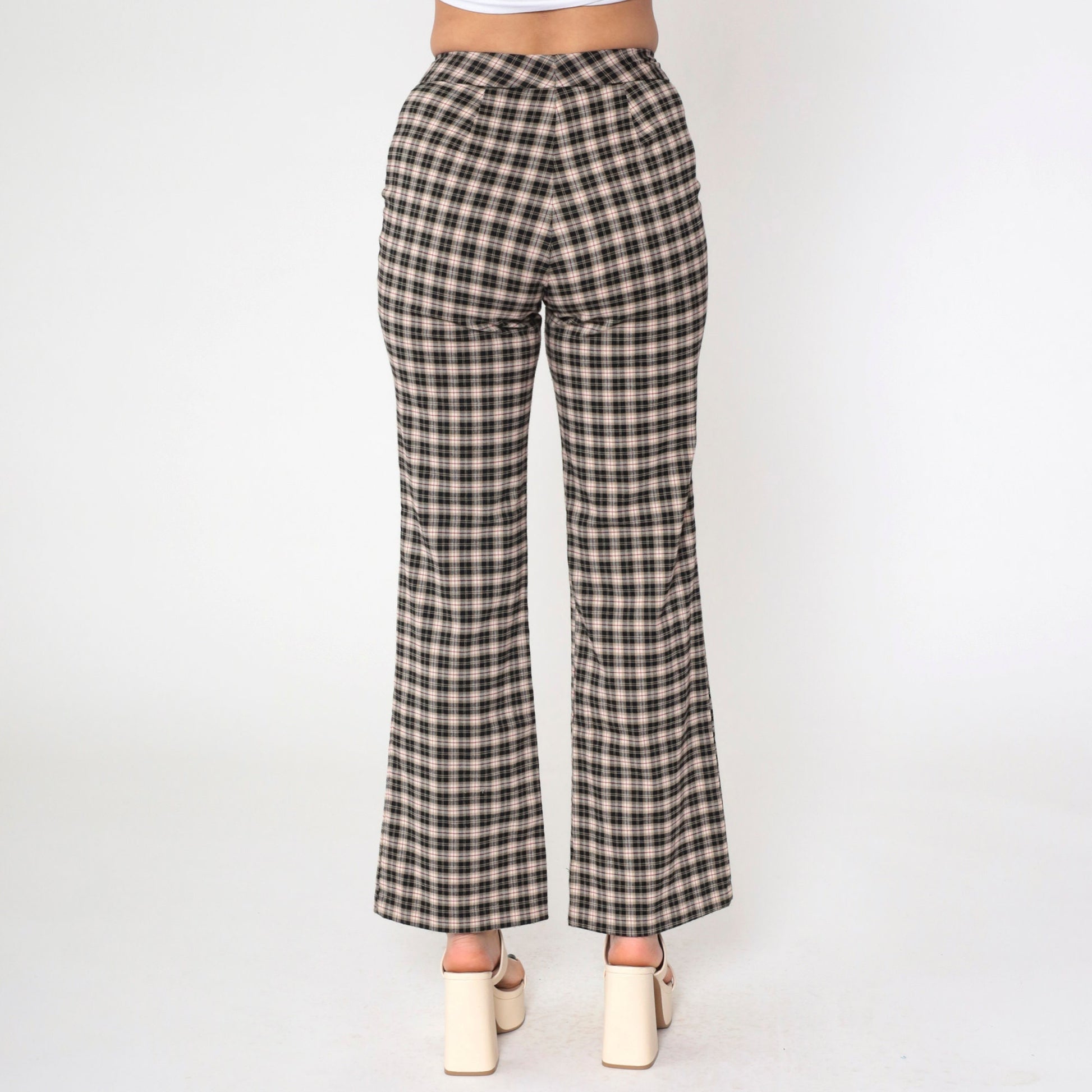 90s Star City Plaid Flared Trousers Black Tan Mid Rise Small 7