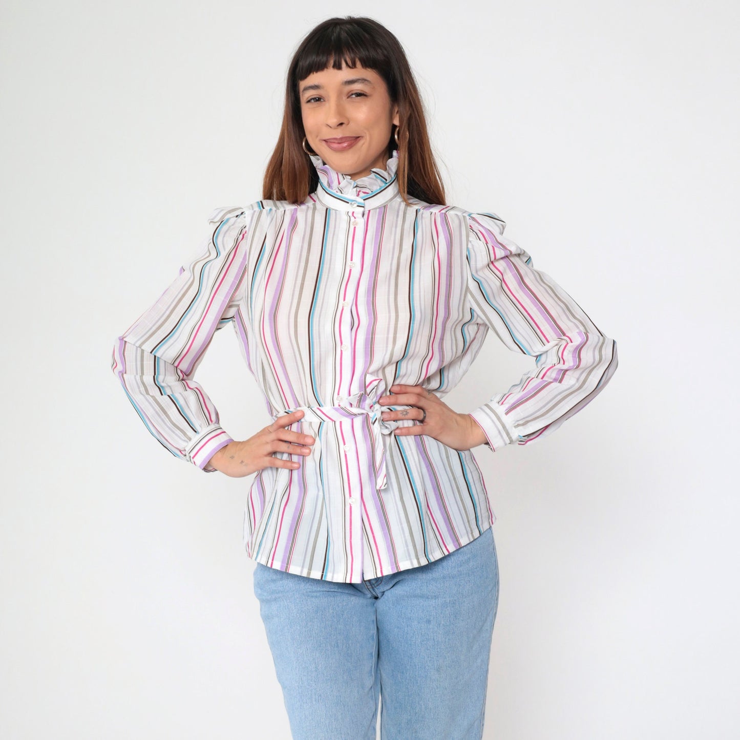 80s Jonquil Striped Button-Up Blouse Puff Sleeve Ruffle Collar Multicolor Large