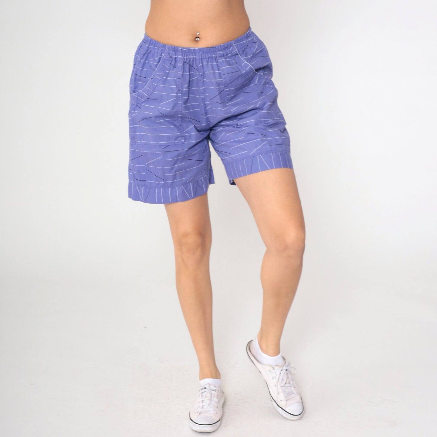 Y2K Purple Striped Shorts Elastic Waist High Rise Cotton Small Medium