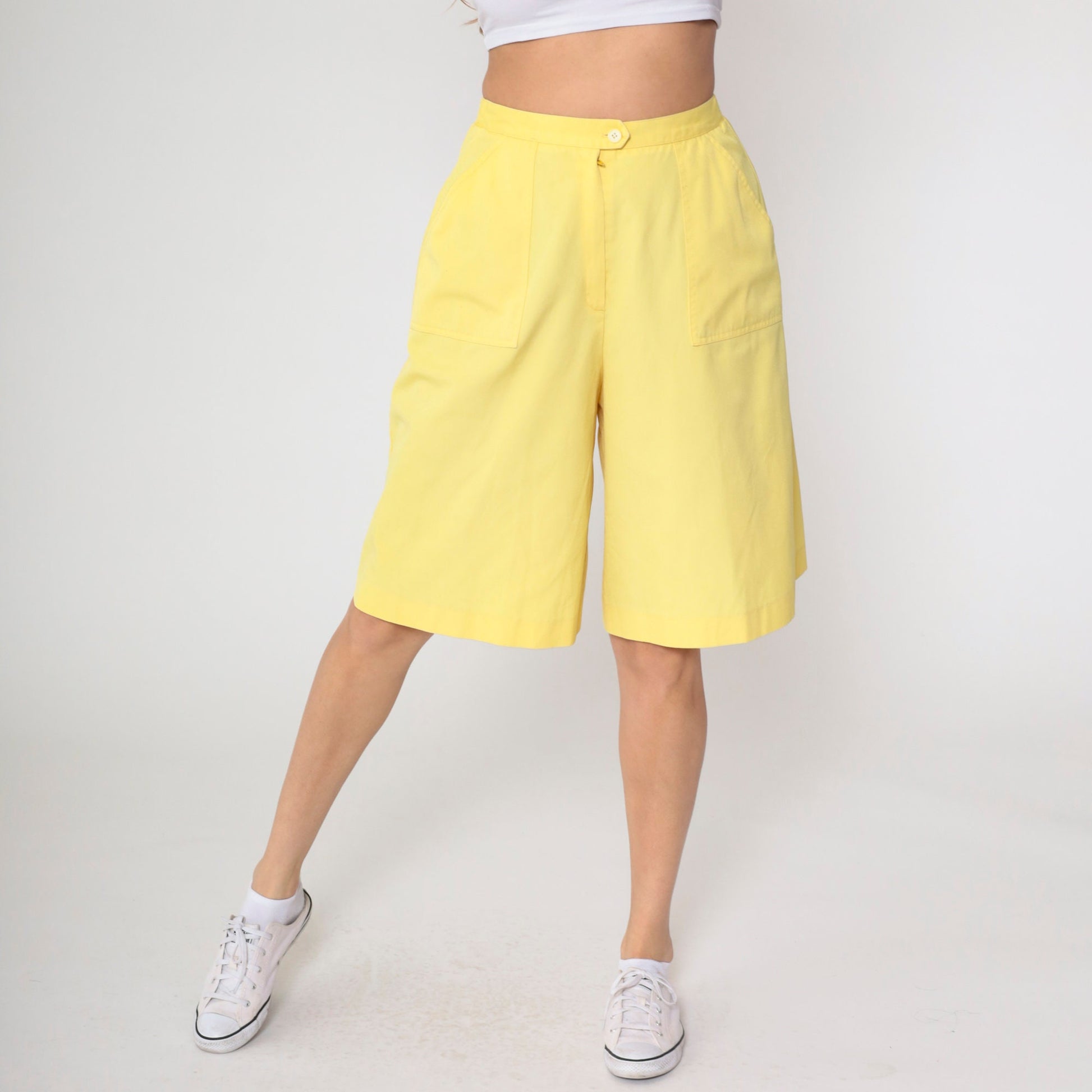 80s Koret Yellow High-Waisted Bermuda Shorts Patch Pocket Small Medium