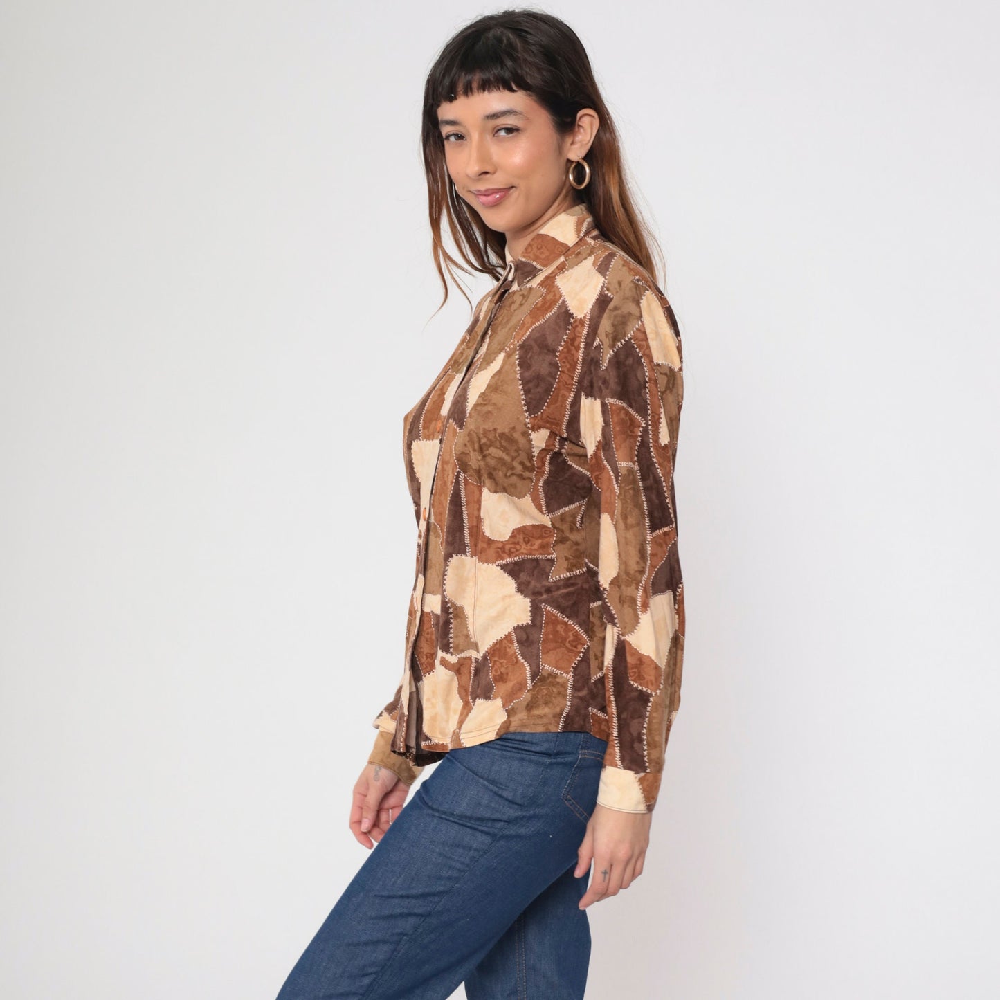 90s Brown Patchwork Button-Up Blouse Long Sleeve Collared Shirt Small S