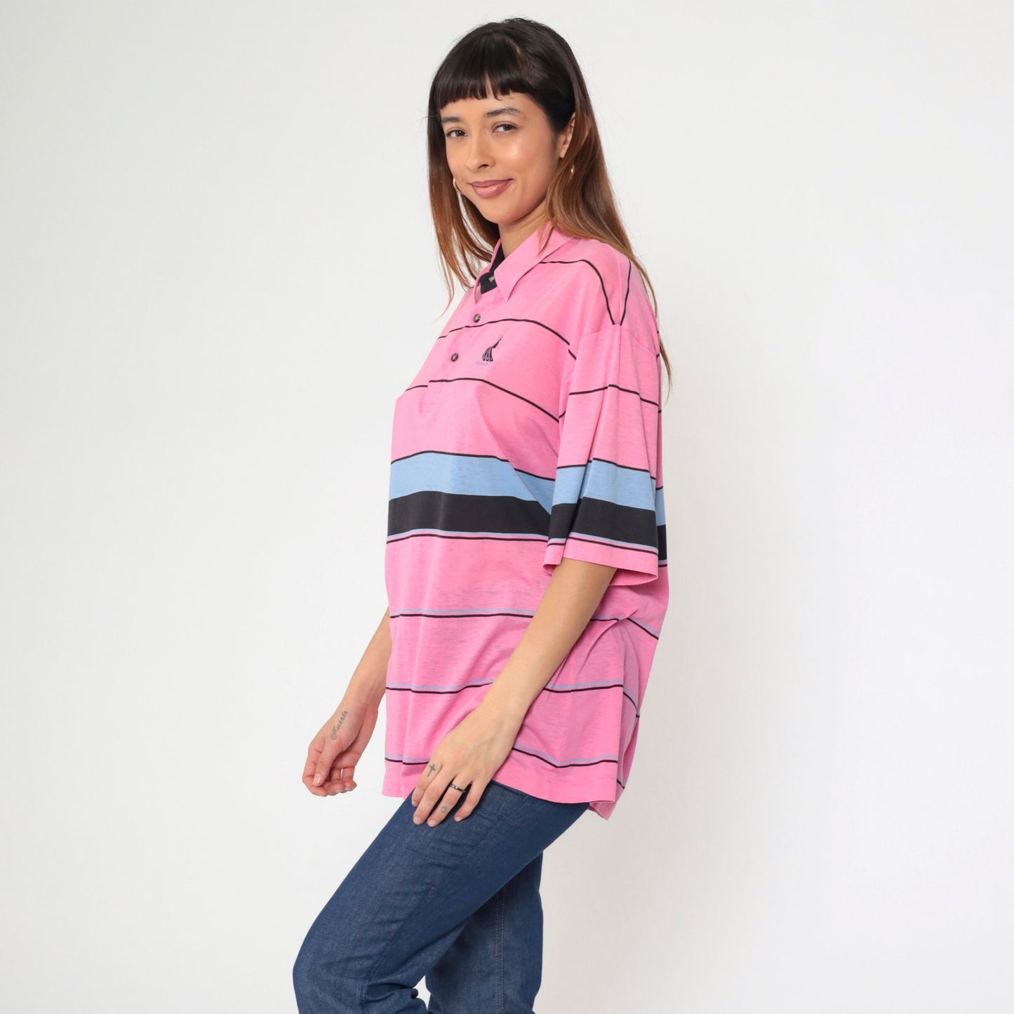 80s Santa Anita Park Peacock Polo Shirt Pink Striped Button Up Extra Large XL