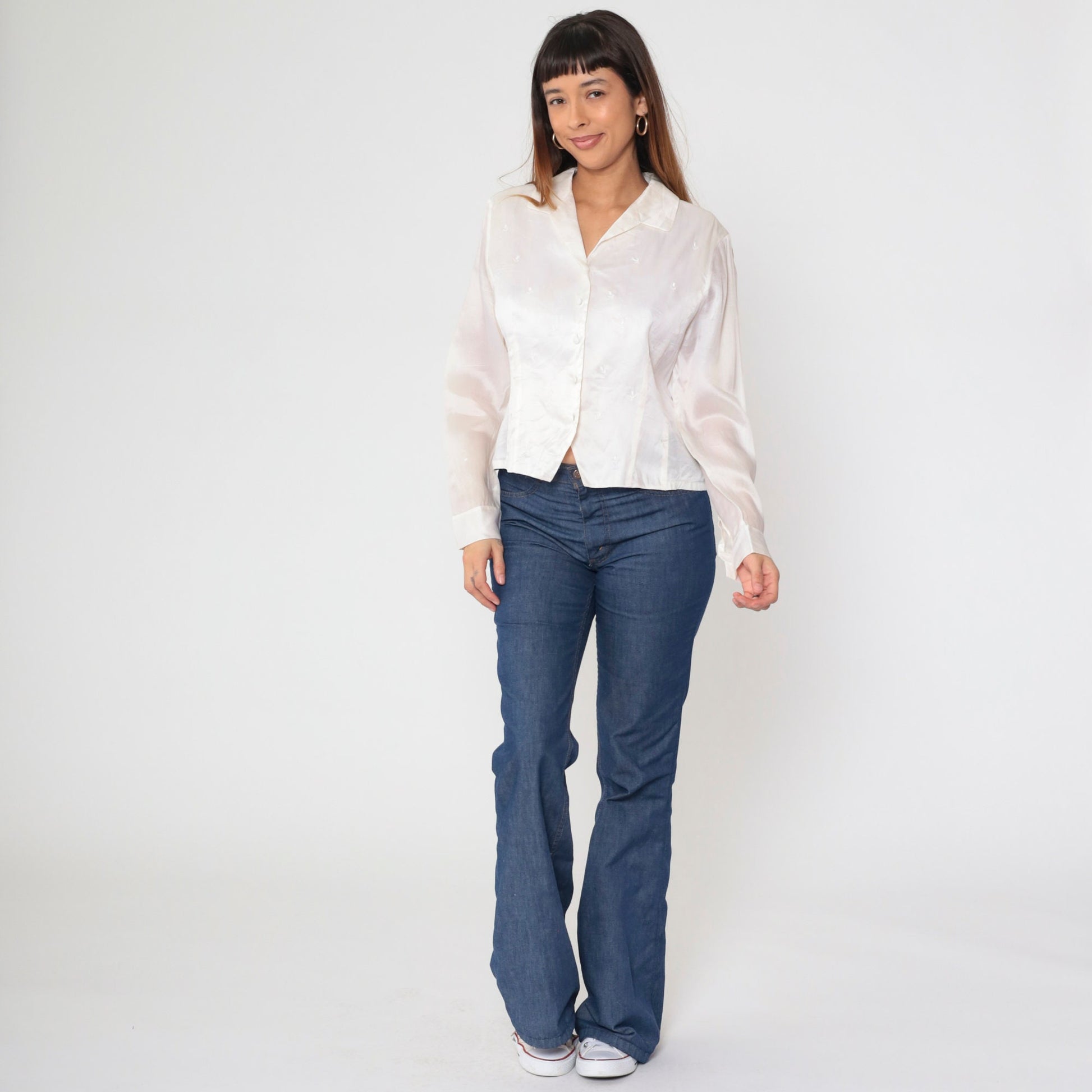 90s Rena Rowan Silk Satin Blouse Floral Embroidered Button Up White Large