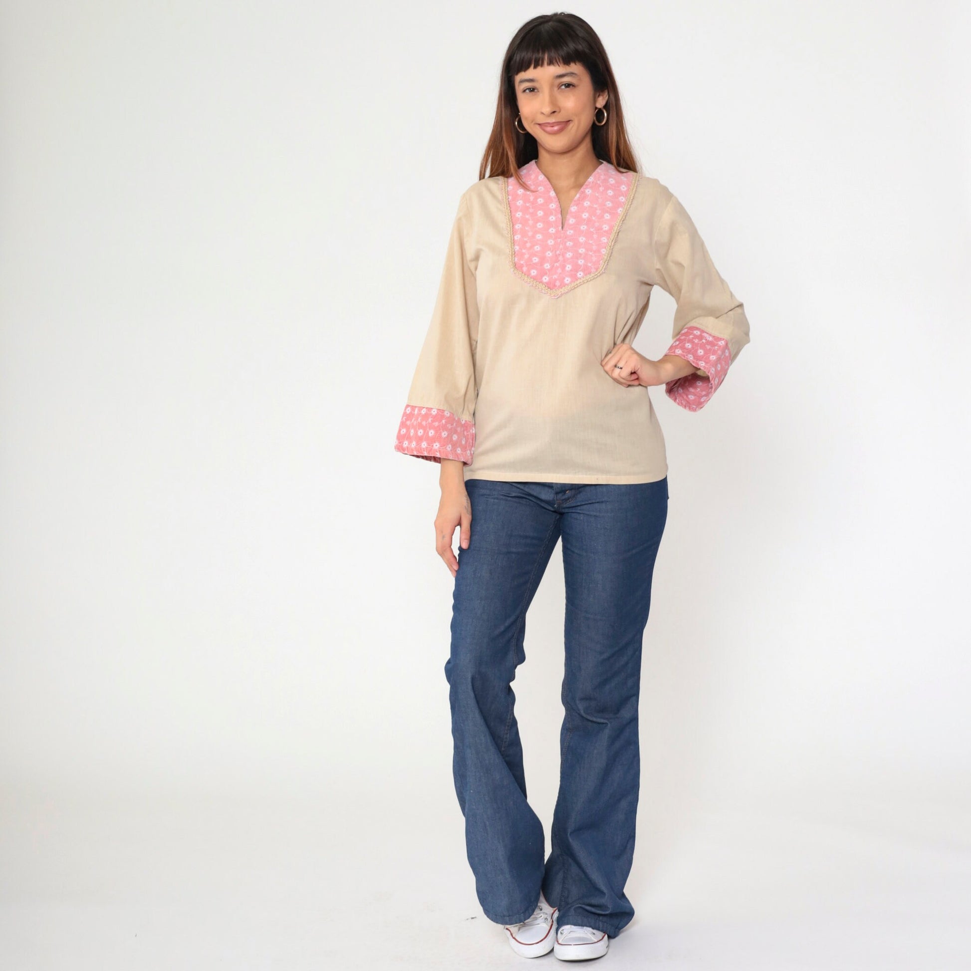 70s Kennington Embroidered Tunic Top Beige Corduroy Floral V-Neck Small