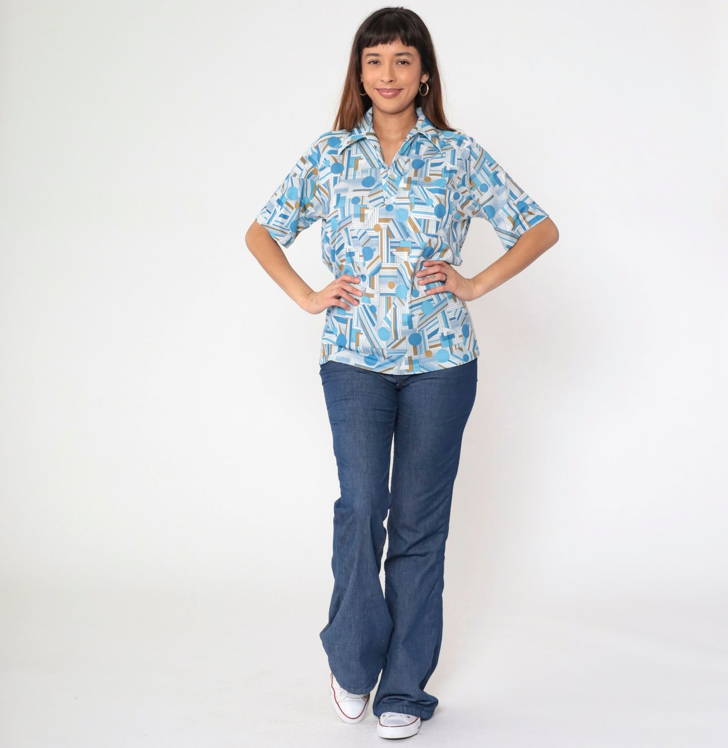 70s Lily Daché Psychedelic Geometric Dagger Collar Shirt Blue Medium