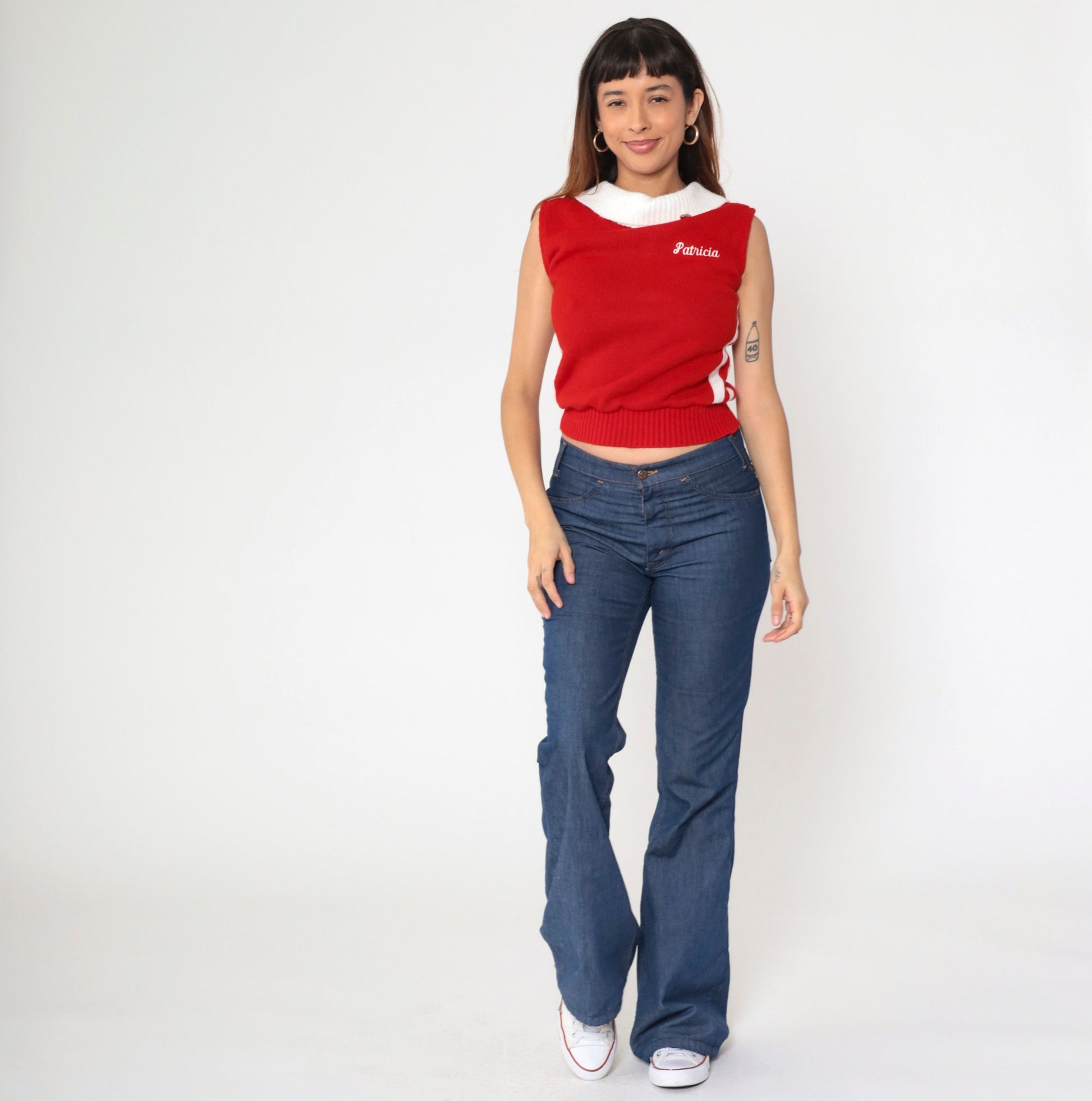 80s USA Drill Team Sweater Red Knit White Stripe Patricia Cheer Top Small
