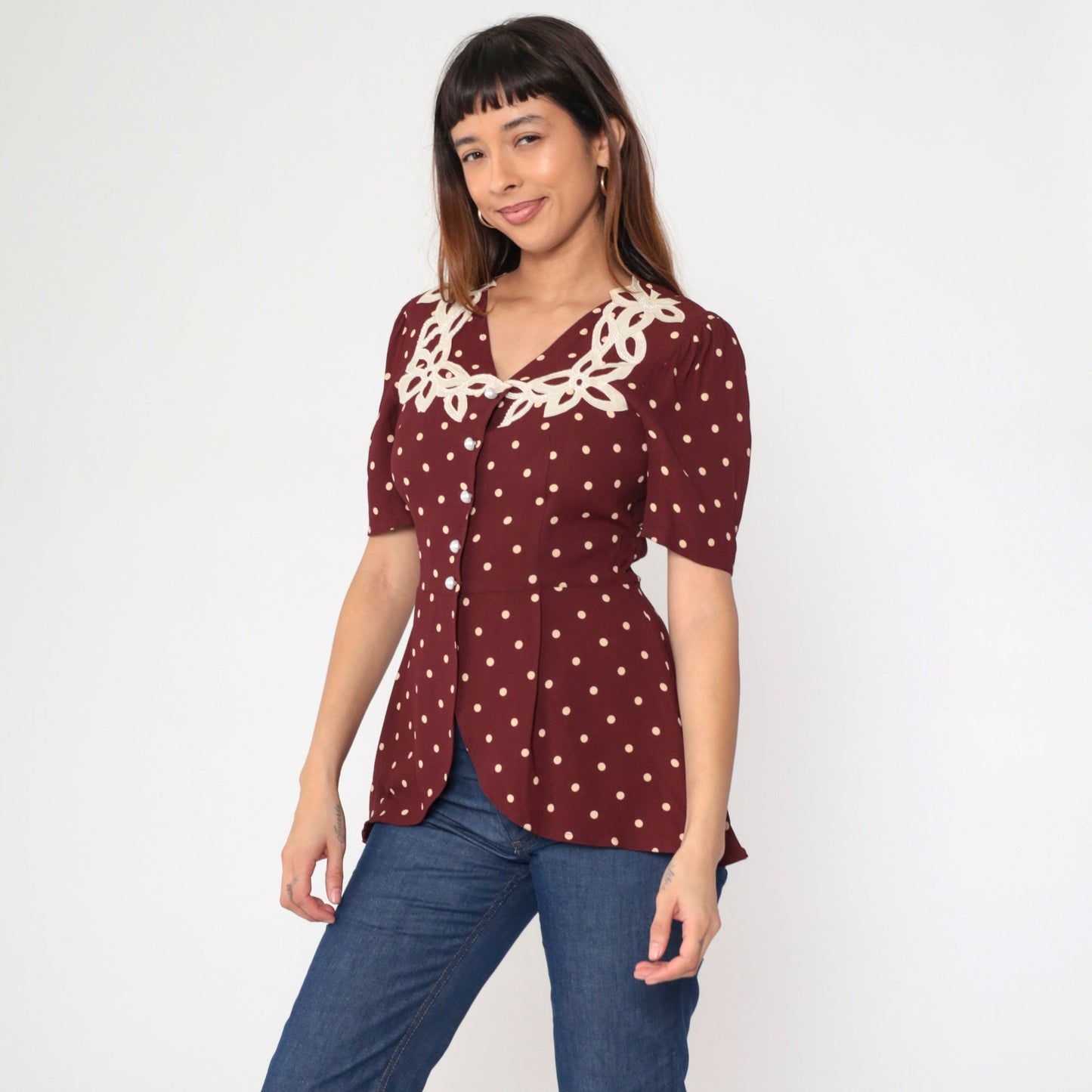 80s Maroon Polka Dot Beaded Floral Button-Up Blouse Puff Sleeve Small S