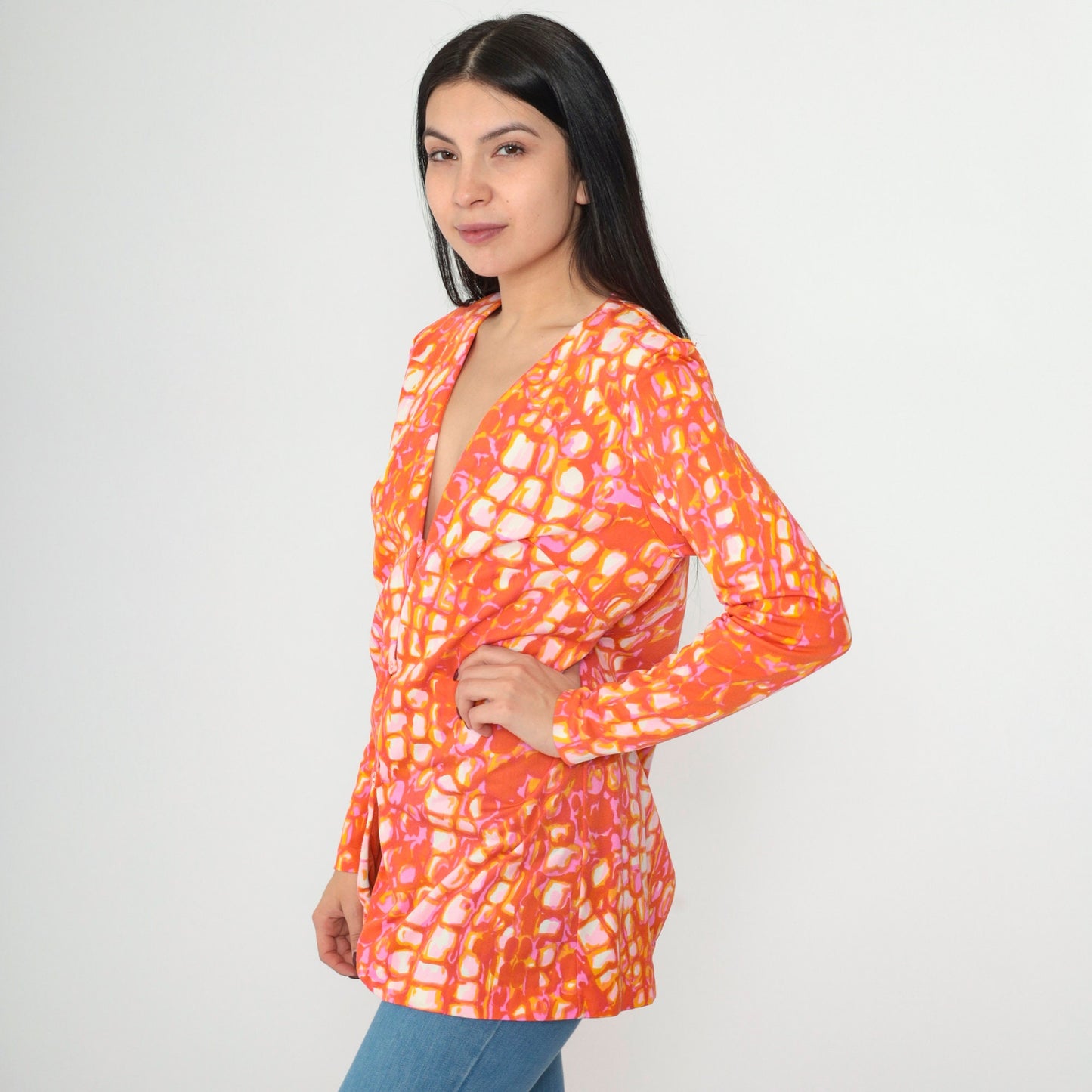 70s Cole of California Psychedelic Geometric Blazer V-Neck Orange Pink Medium
