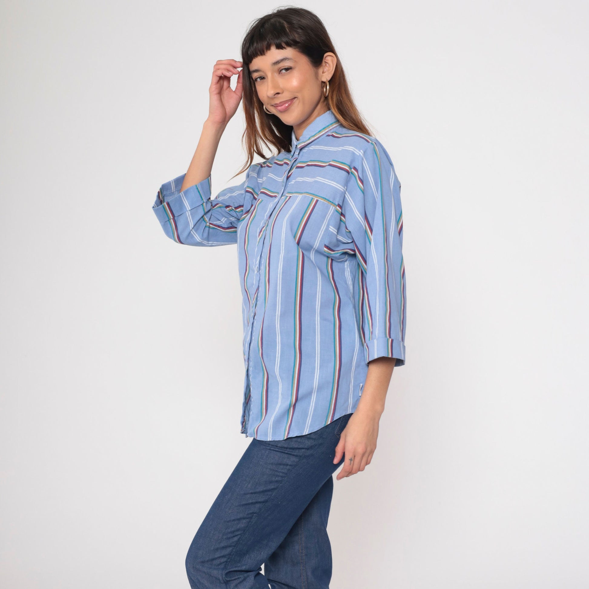80s Blue Striped Button Up Shirt Multicolored 3/4 Sleeve Blouse Medium Large